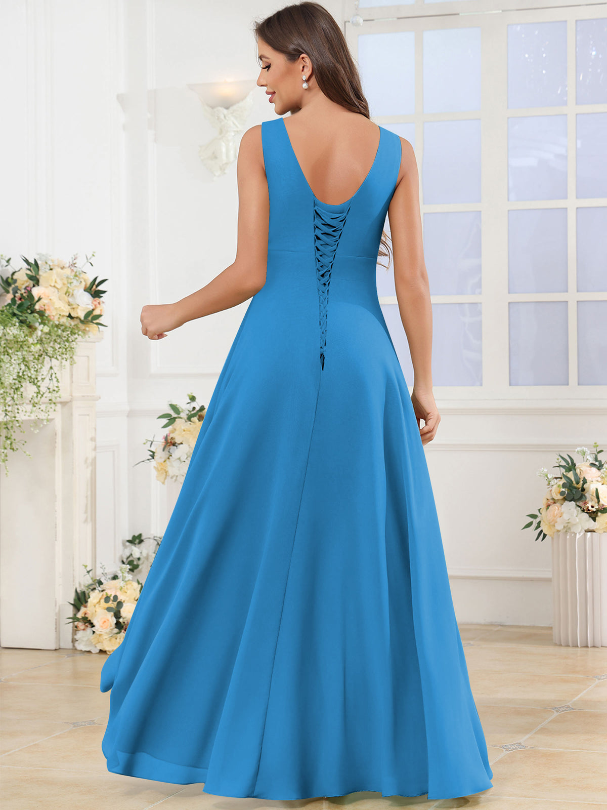 V Neck Chiffon A Line Ruffle Bridesmaid Dress with Slit