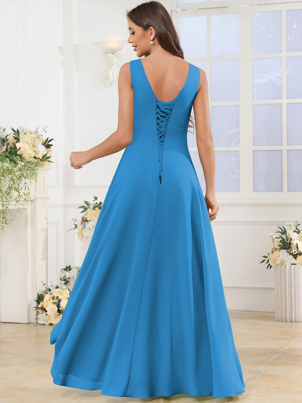 V Neck Chiffon A Line Ruffle Bridesmaid Dress with Slit