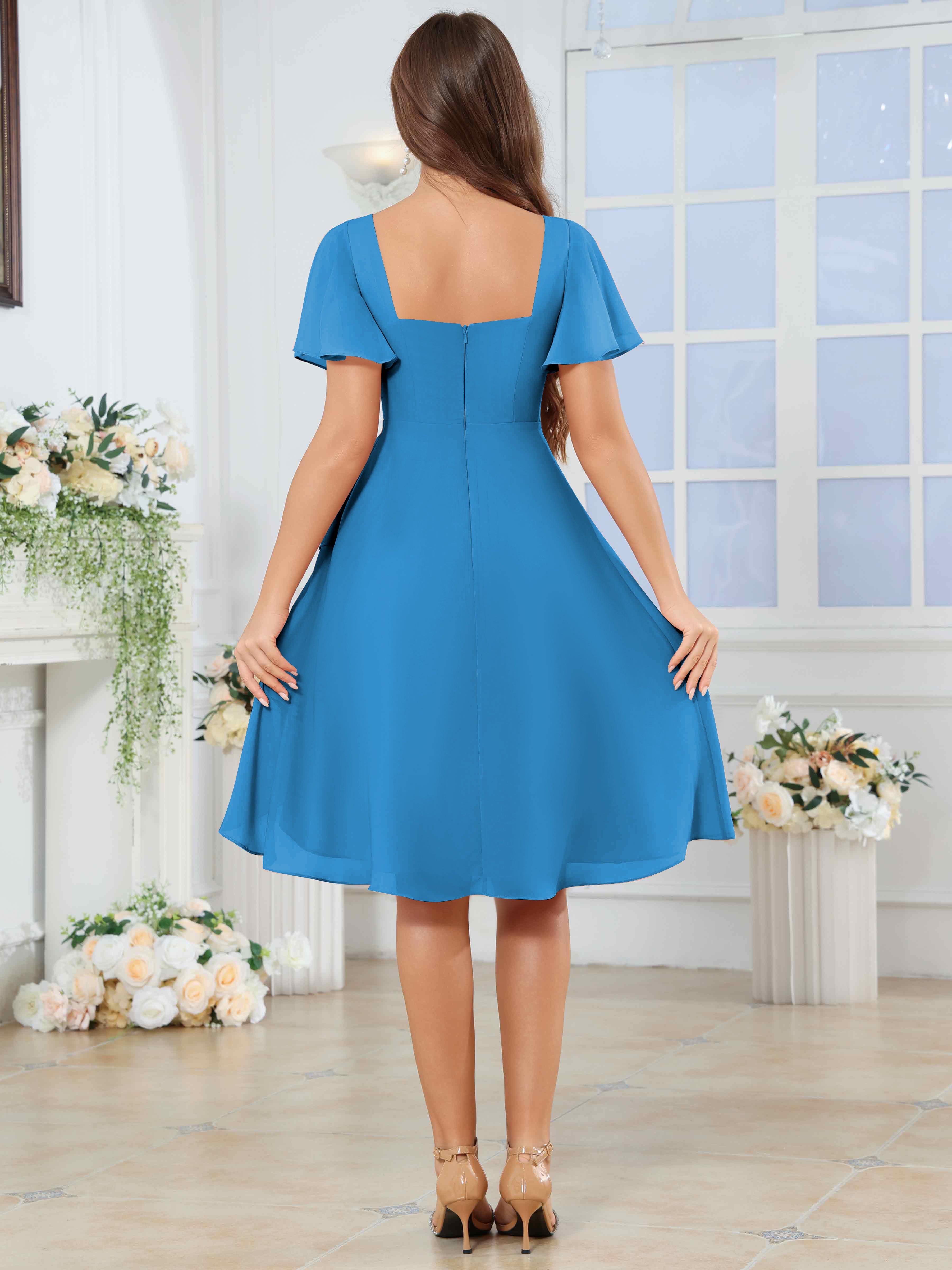 ROVDESY Knee Length V-Neck Pleated Chiffon Bridesmaid Dress With Short Sleeves