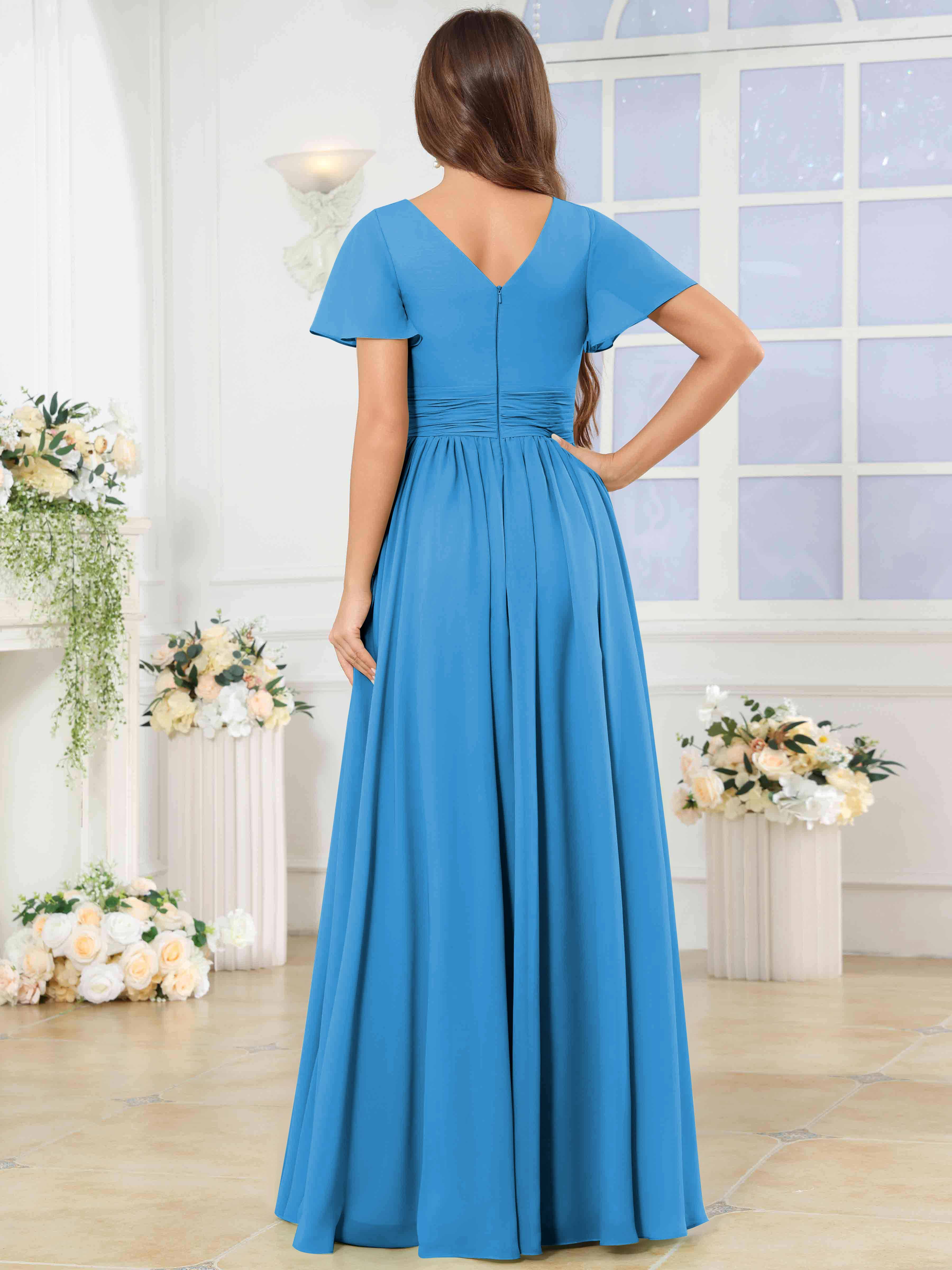 ROVDESY A-Line V-Neck Slit Pleated Ruffle Chiffon Bridesmaid Dress With Short Sleeves