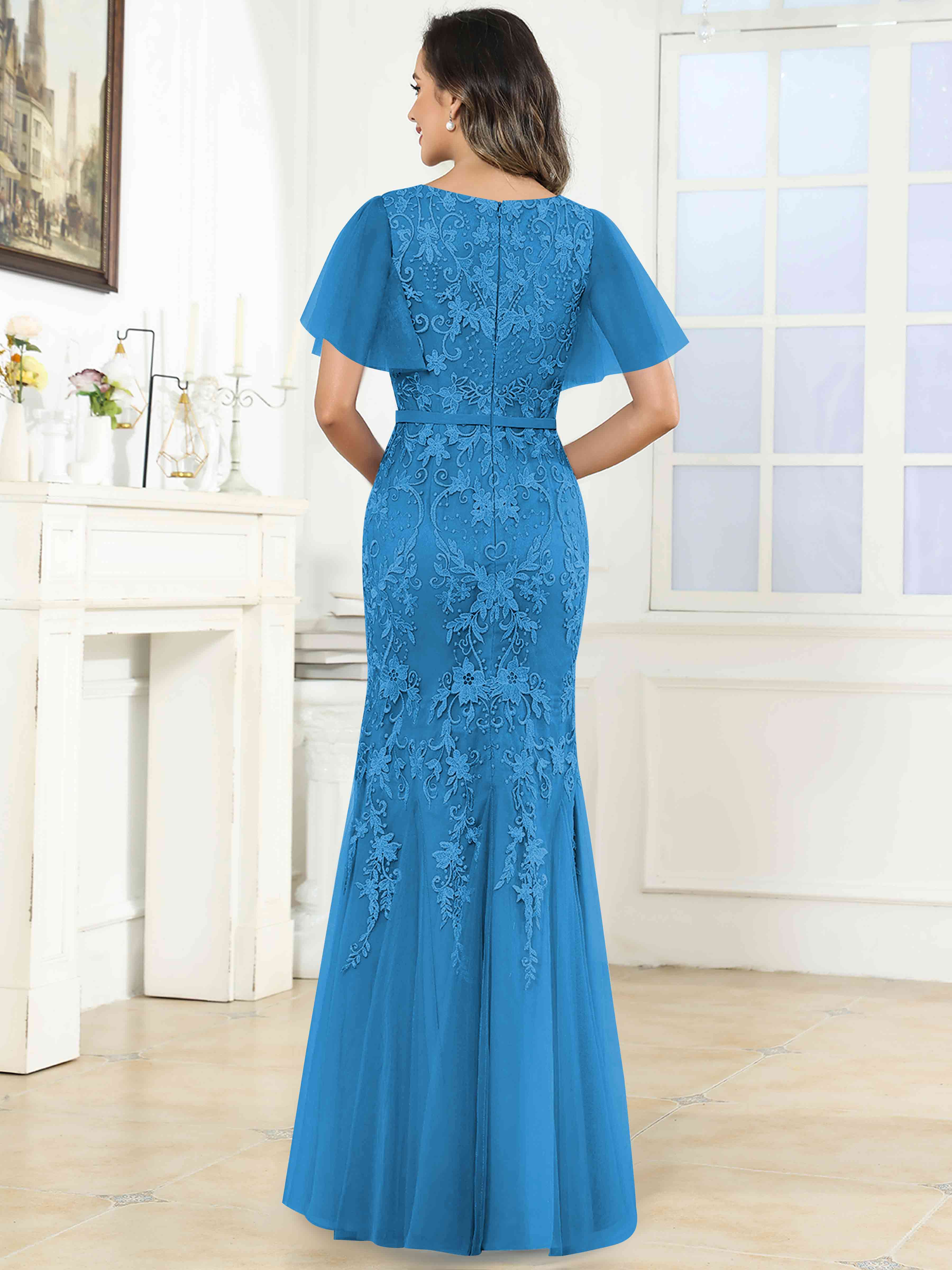 ROVDESY Elegant V-Neck Lace Mermaid Long Mother Of The Bride Dress Formal Gown With Sleeves
