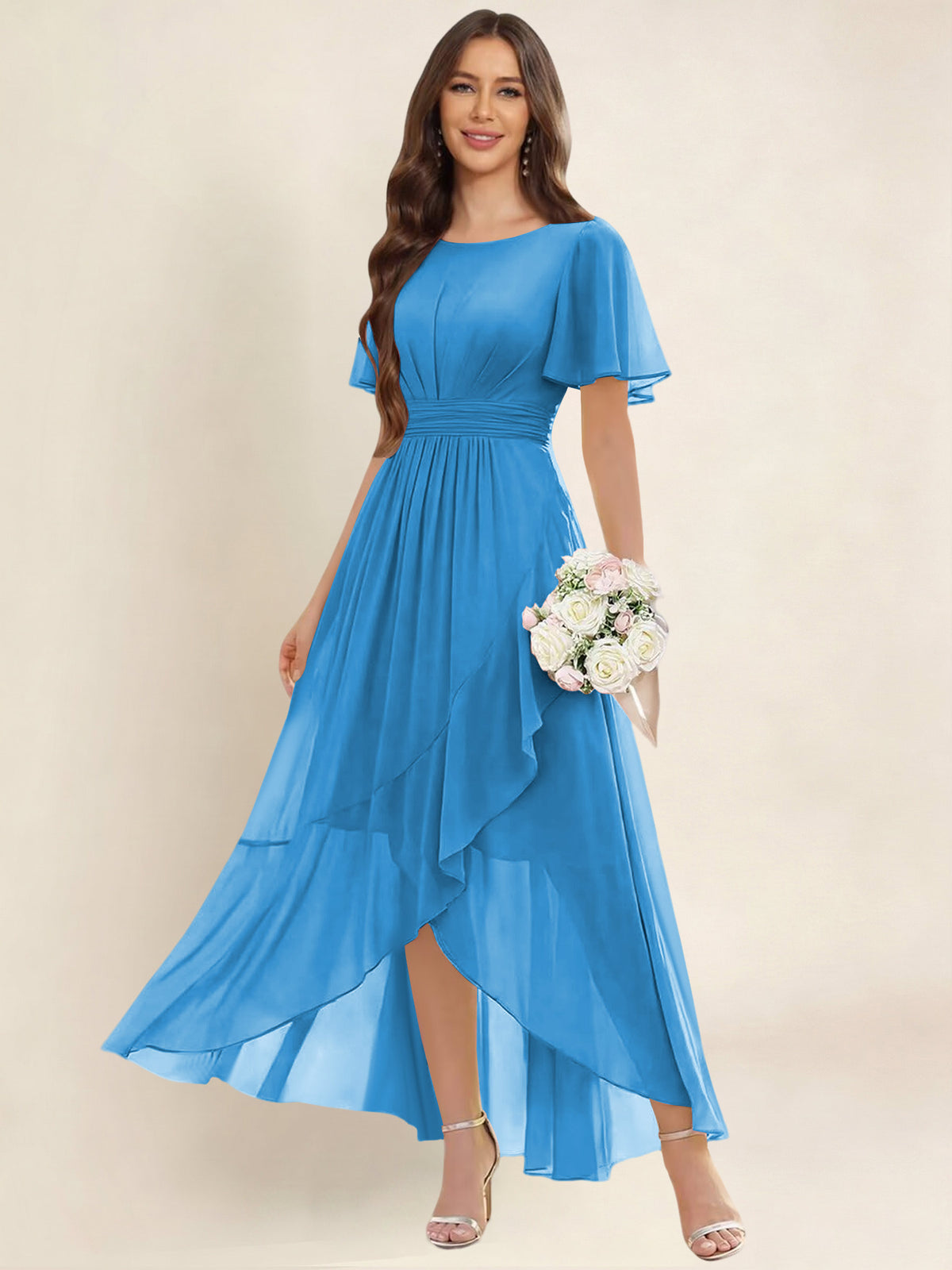 ROVDESY A-Line High Low Round Neck Pleated Ruffle Chiffon Bridesmaid Dress With Short Sleeves