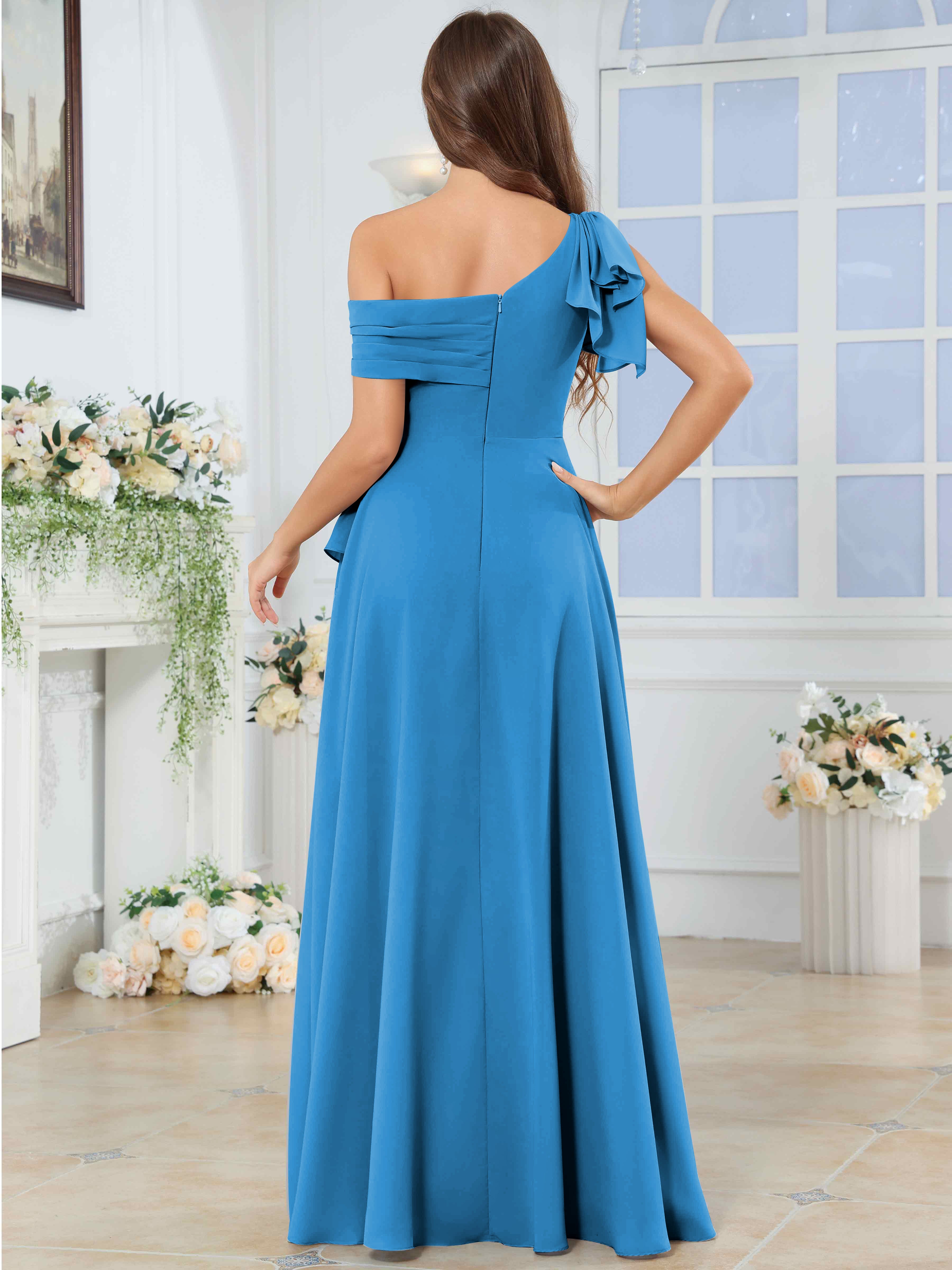ROVDESY One Shoulder Pleated Ruffle Chiffon Bridesmaid Dress With Slit
