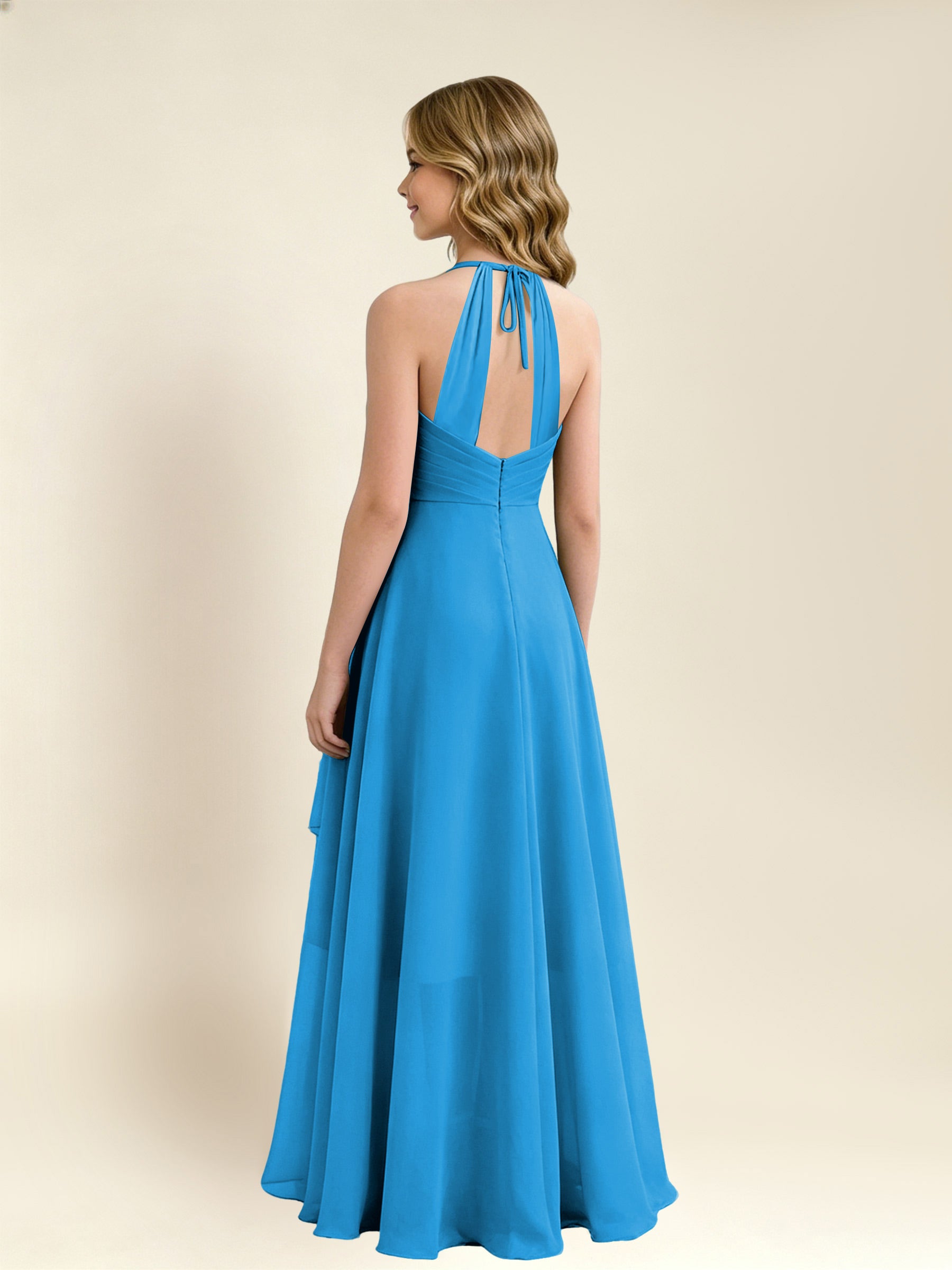 ROVDESY A-Line Halter Pleated Chiffon Junior Bridesmaid Dress