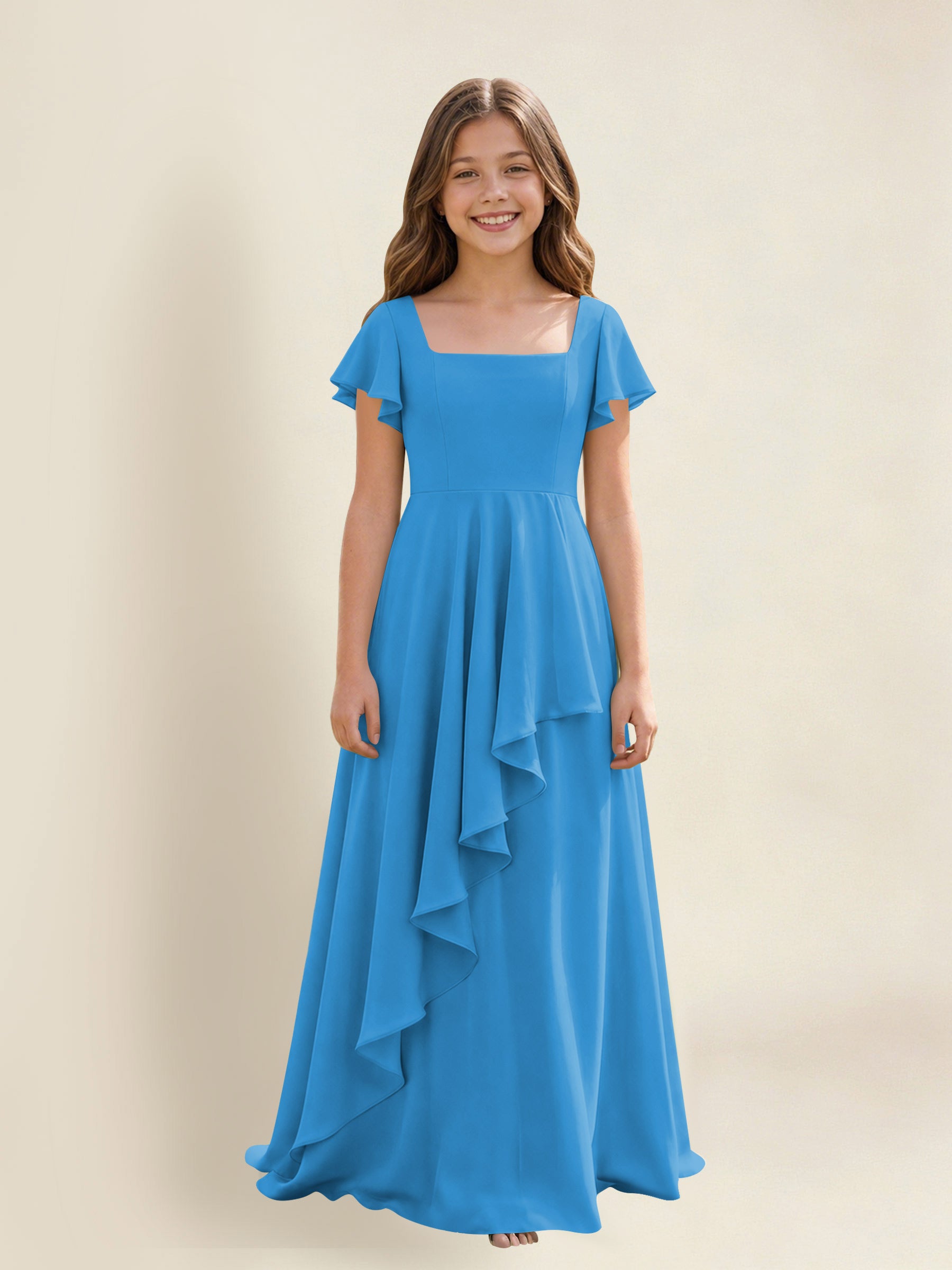 ROVDESY A-Line Square Neck Ruffle Chiffon Junior Bridesmaid Dress With Short Sleeves