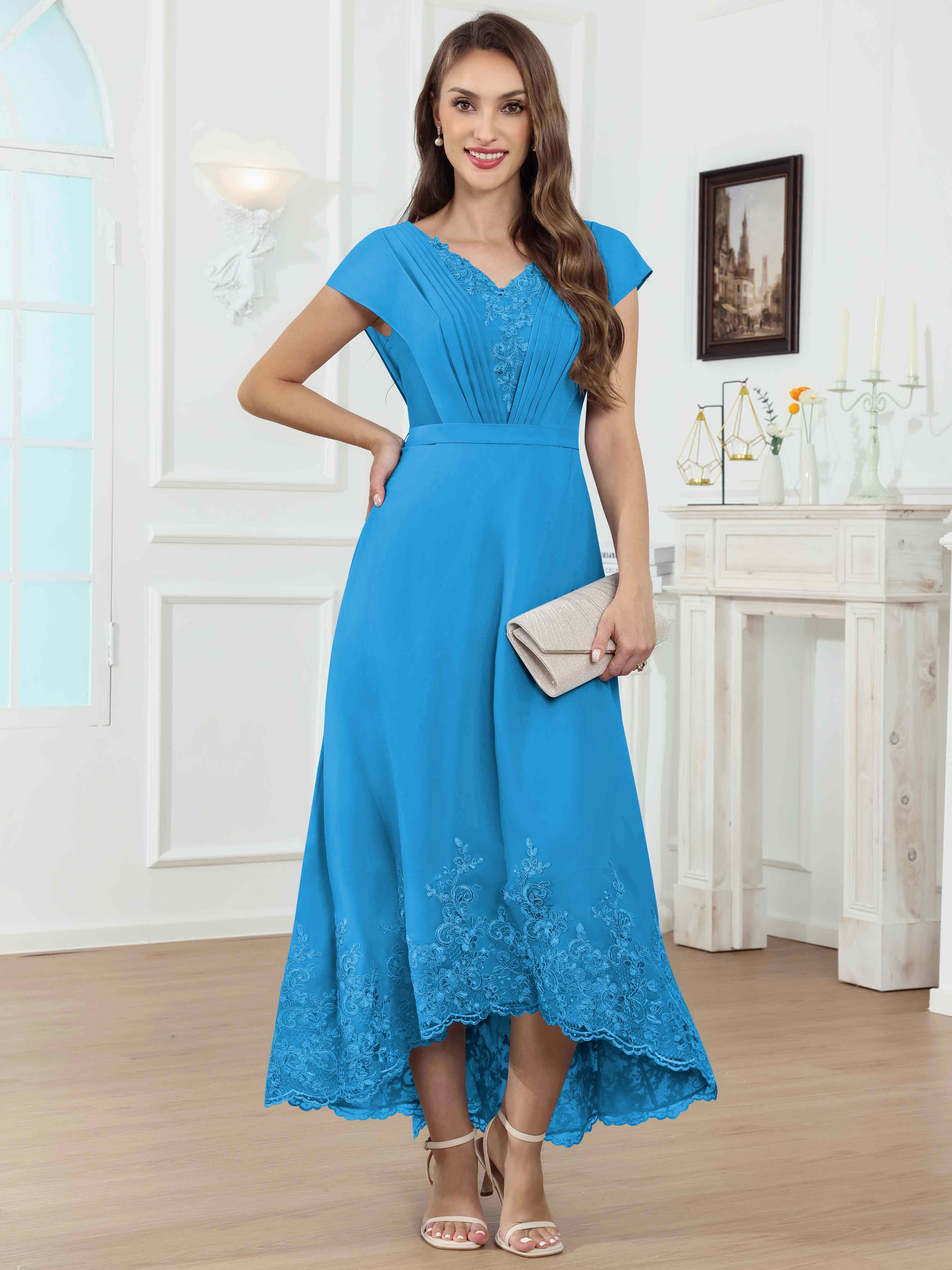 ROVDESY Tea Length High-Low V-Neck Ruched Lace Chiffon Mother of The Bride Dress for Women