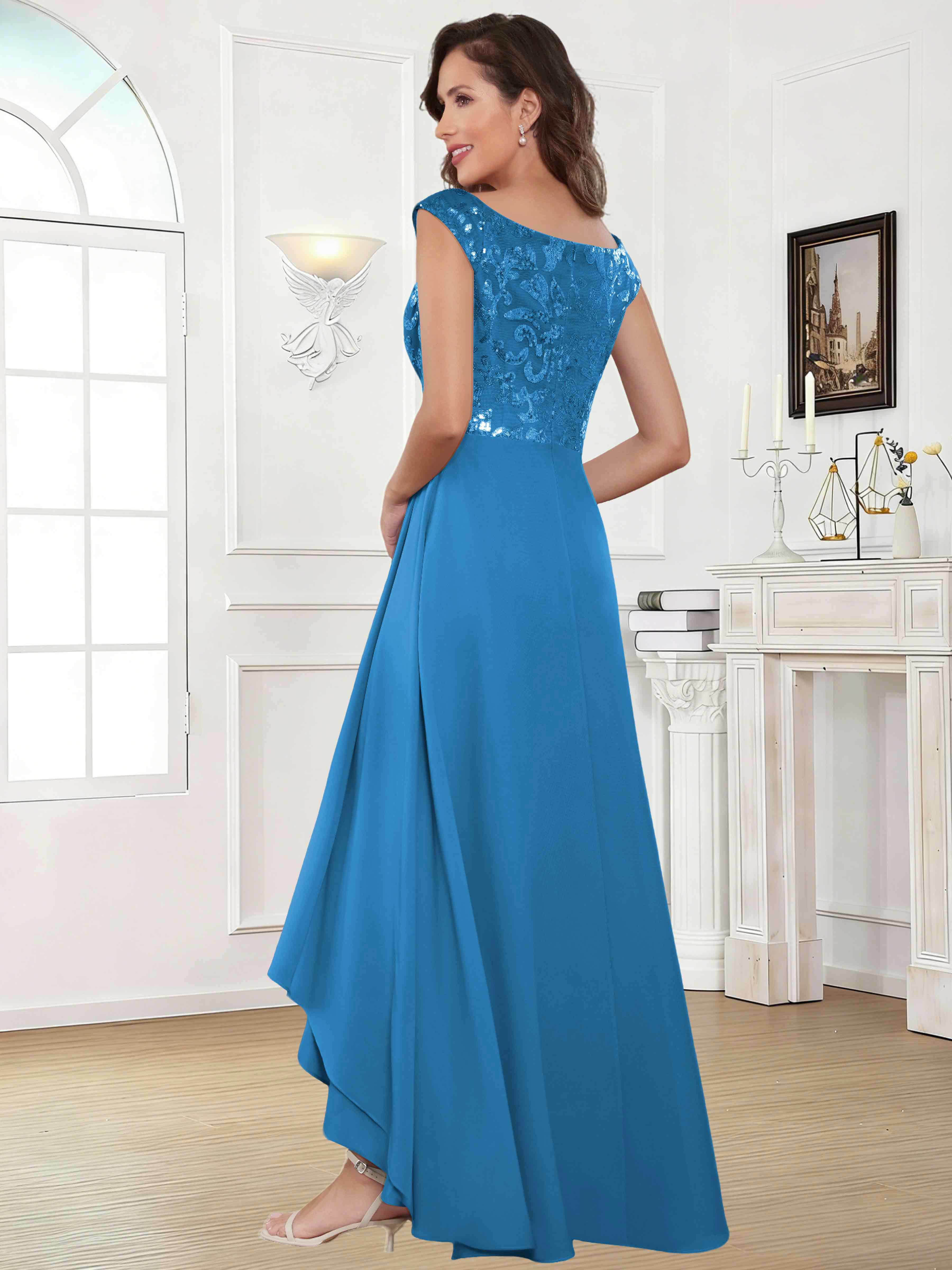 ROVDESY Tea Length Off-The-Shoulder Sequin Chiffon Mother Of The Bride Dress