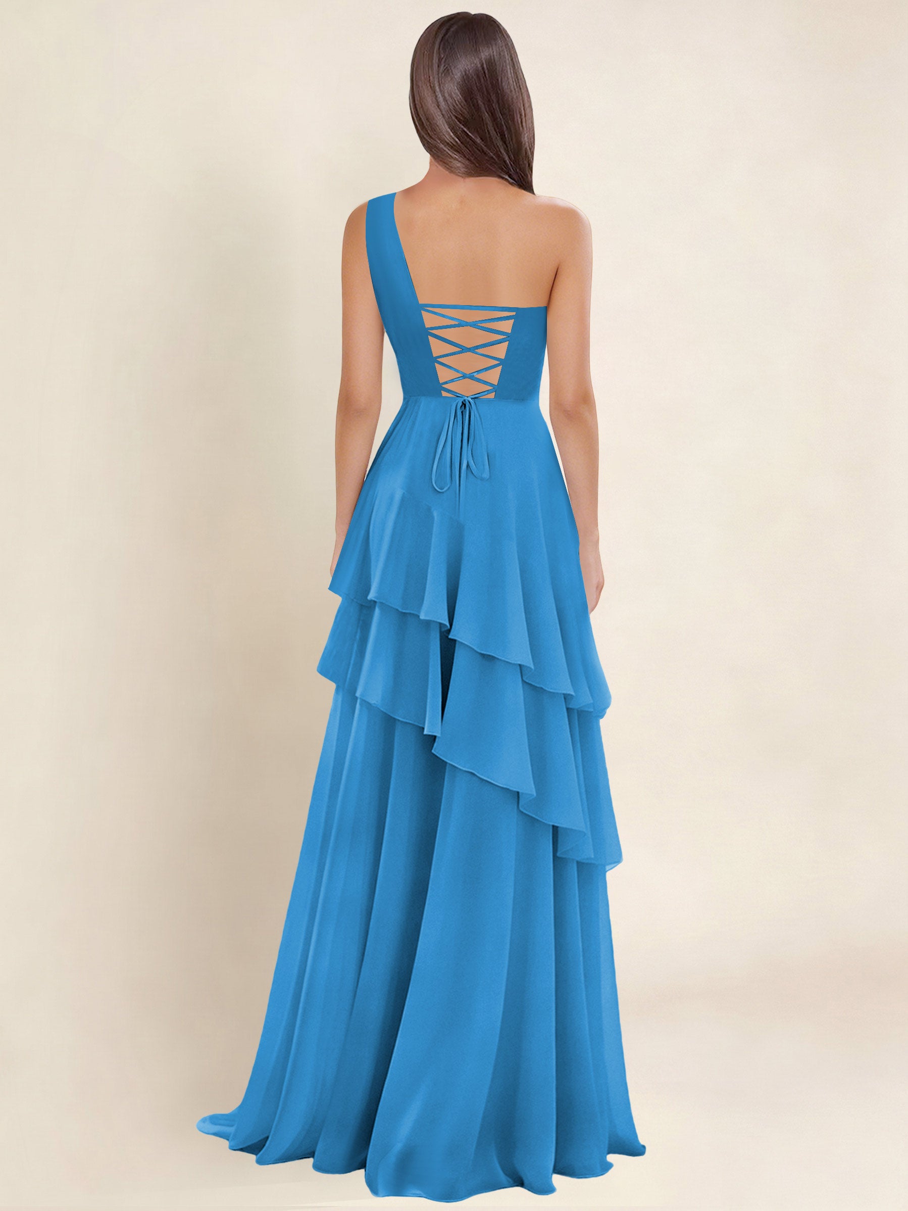 ROVDESY A-Line One Shoulder Pleated Tiered Chiffon Bridesmaid Dress