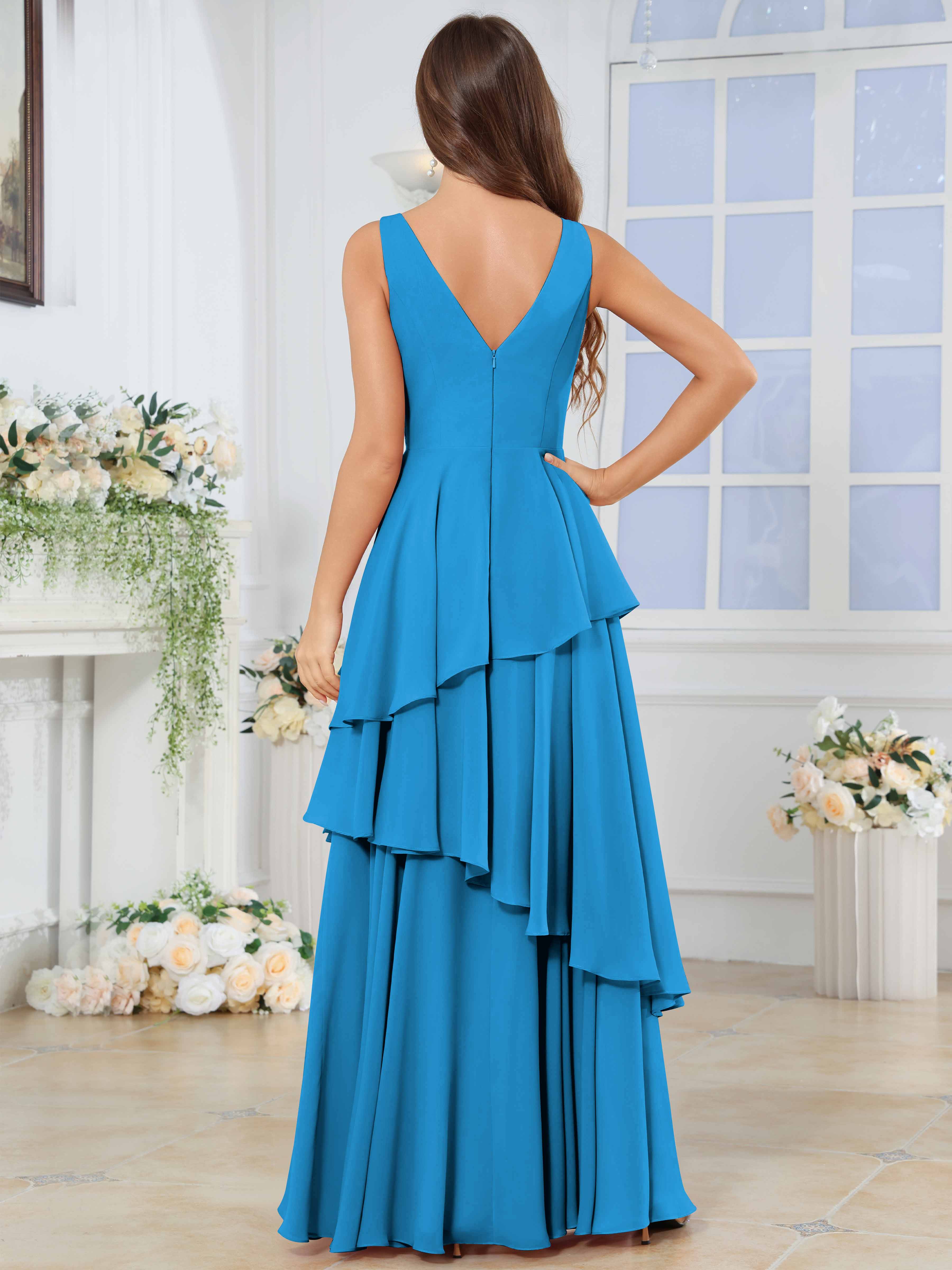 ROVDESY Long Sleeveless V-Neck Tiered Pleated Chiffon Bridesmaid Dress