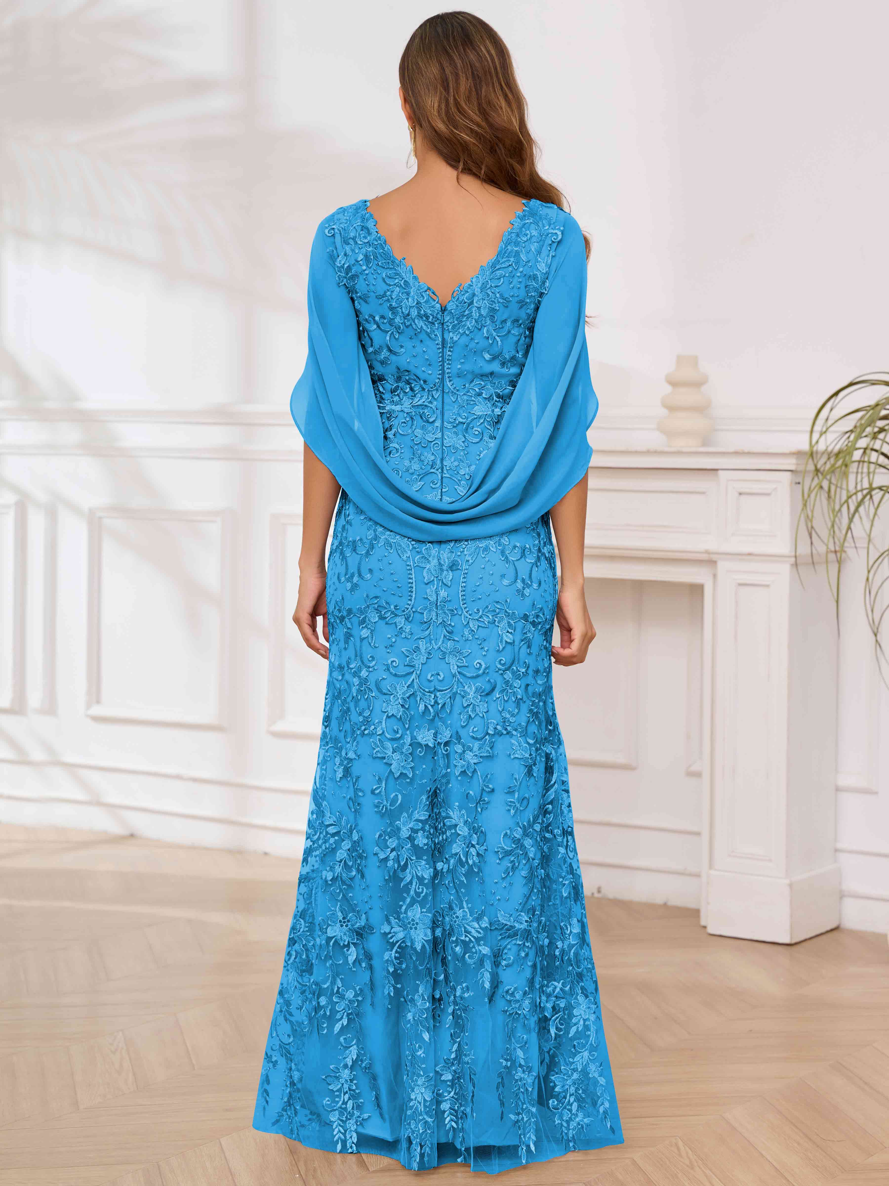 ROVDESY V-Neck Lace Mermaid Mother Of The Bride Dress With Cape Sleeves Long Formal Gown