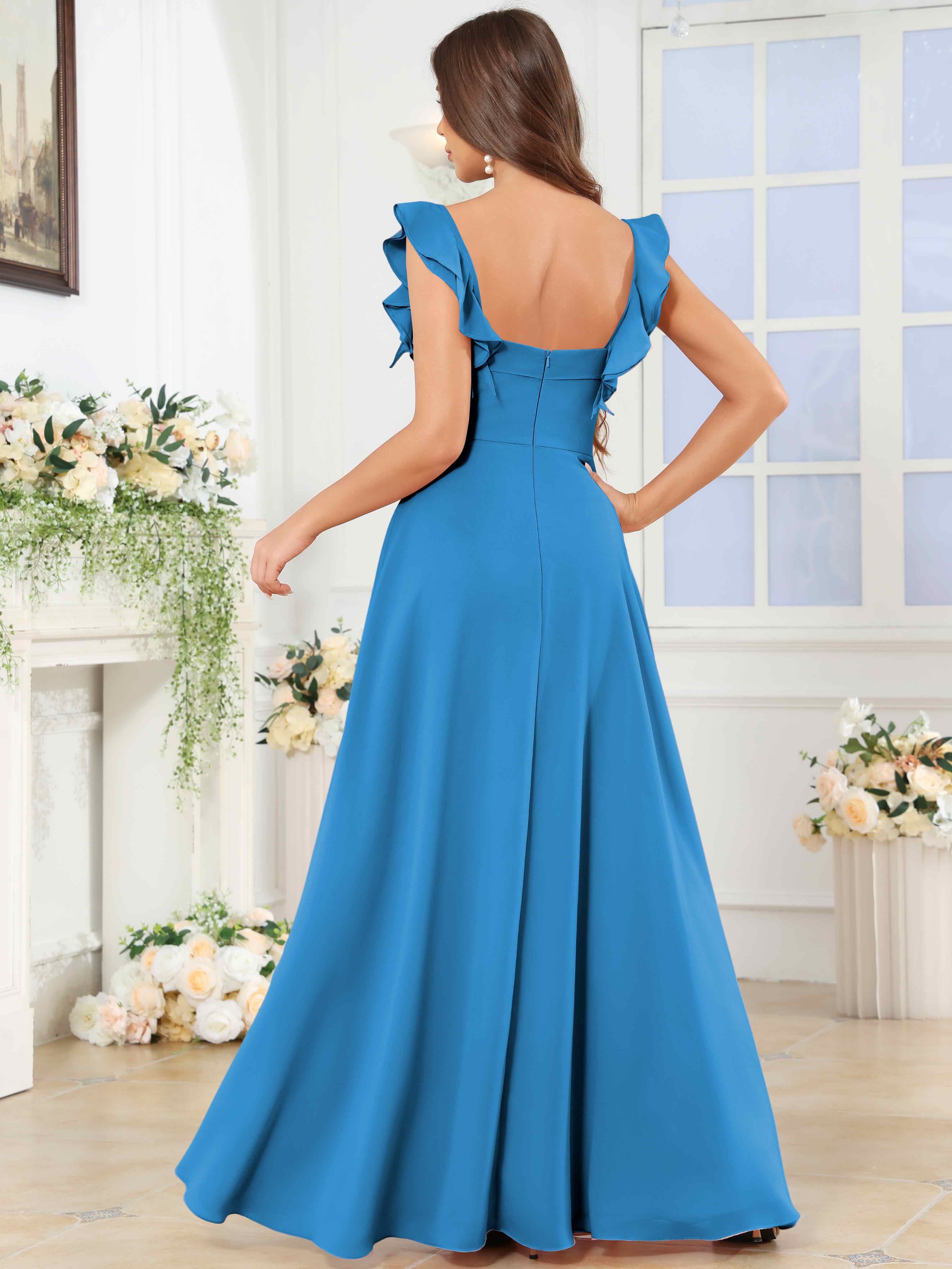 ROVDESY Square Neck Ruffle Chffion Bridesmaid Dress With Slit