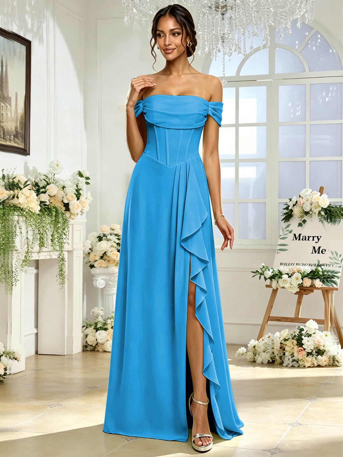 Off the Shoulder Chiffon A Line Long Bridesmaid Dress with Slit
