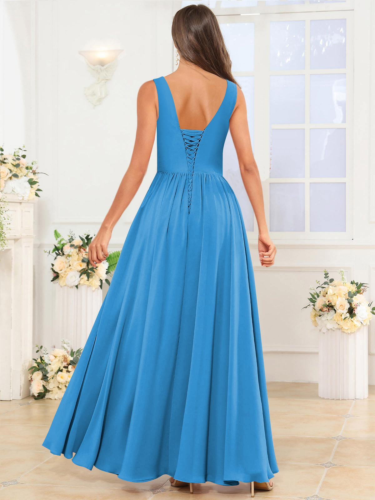V Neck Chiffon A Line Bridesmaid Dress with Slit