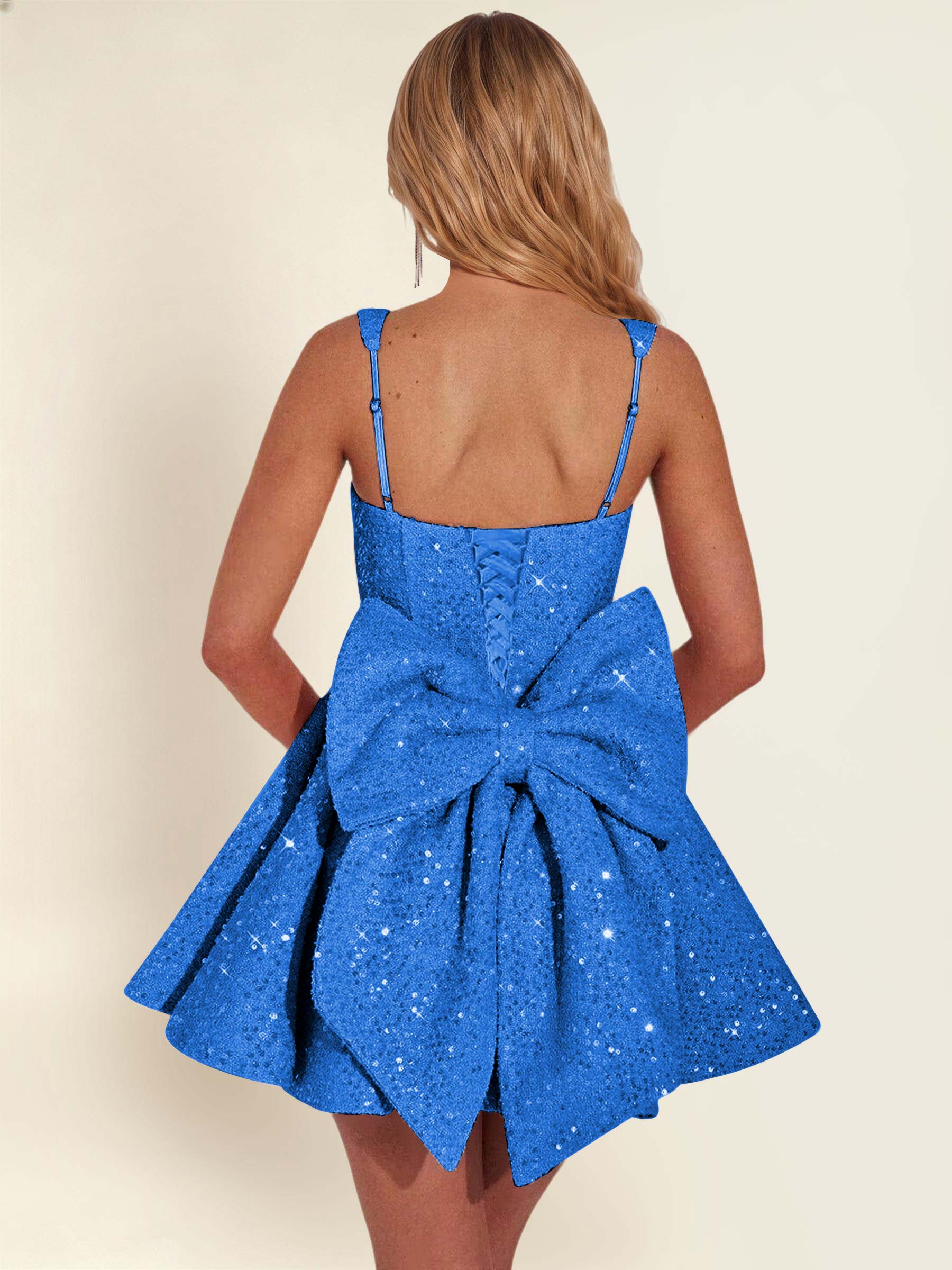 ROVDESY Sparkly Sequin A-Line Square Neck Homecoming Mini Dress With Big Bow