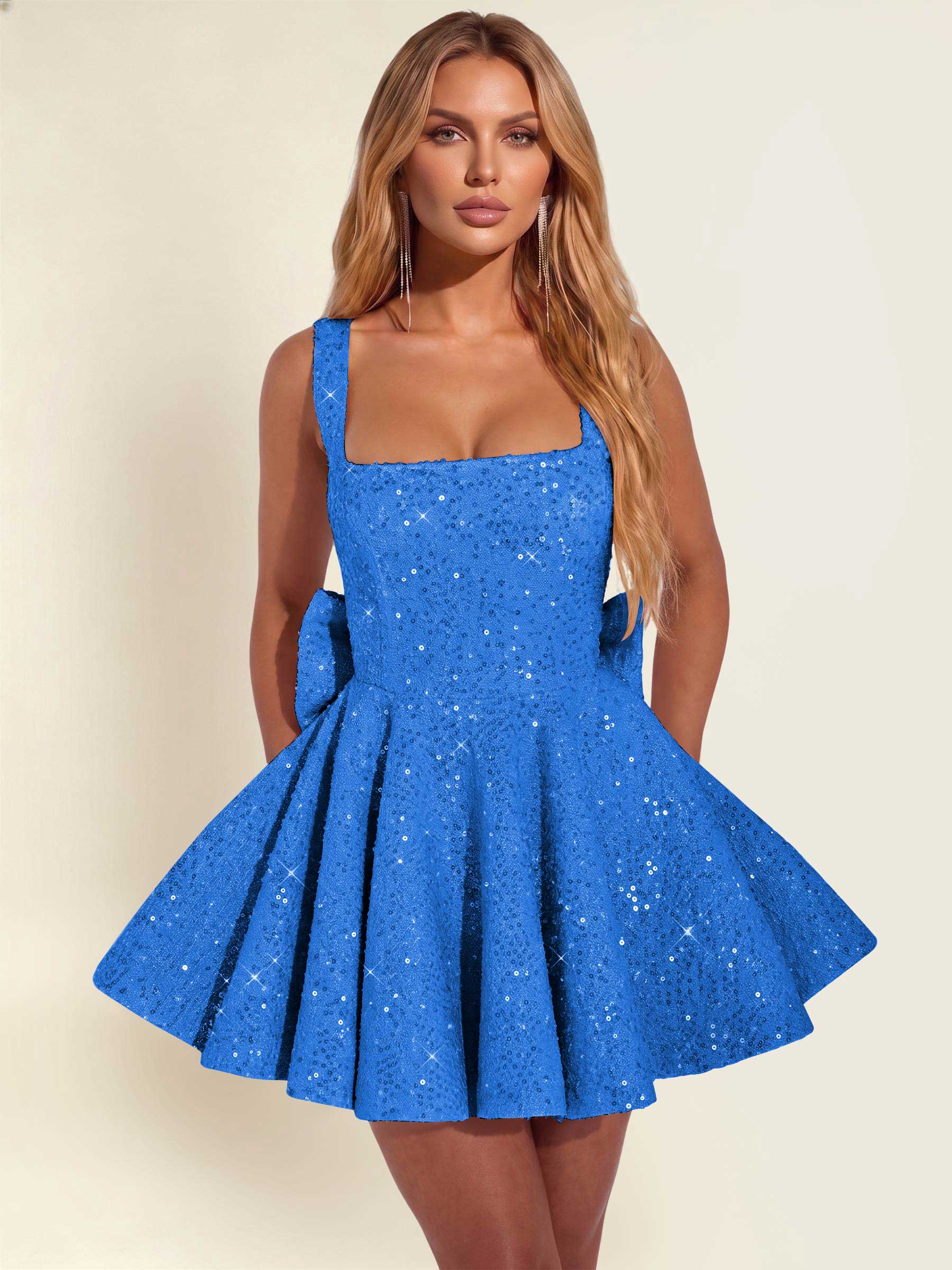 ROVDESY Sparkly Sequin A-Line Square Neck Homecoming Mini Dress With Big Bow