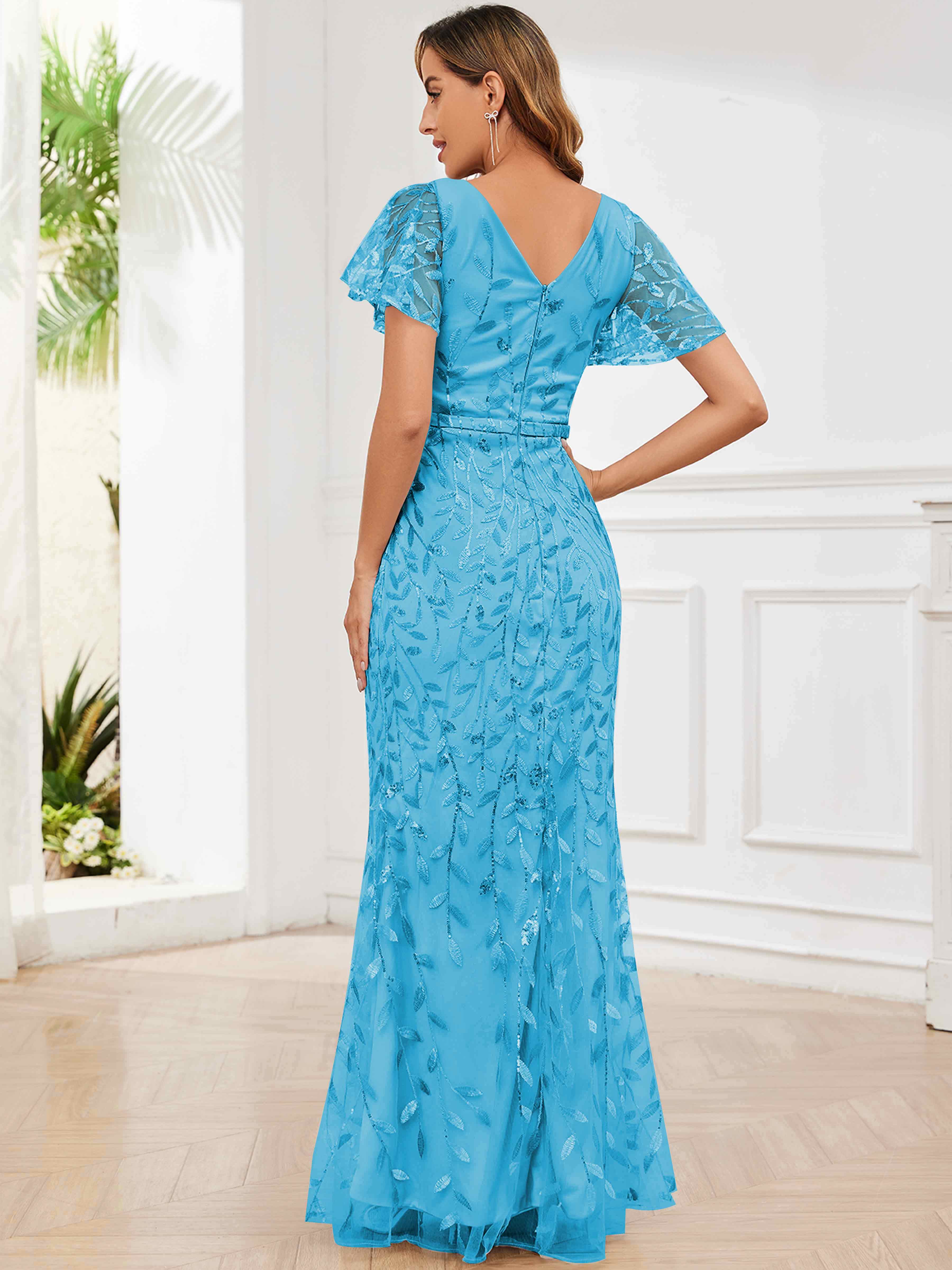 ROVDESY V-Neck Mermaid Sequin Mother Of The Bride Dress With Short Sleeves