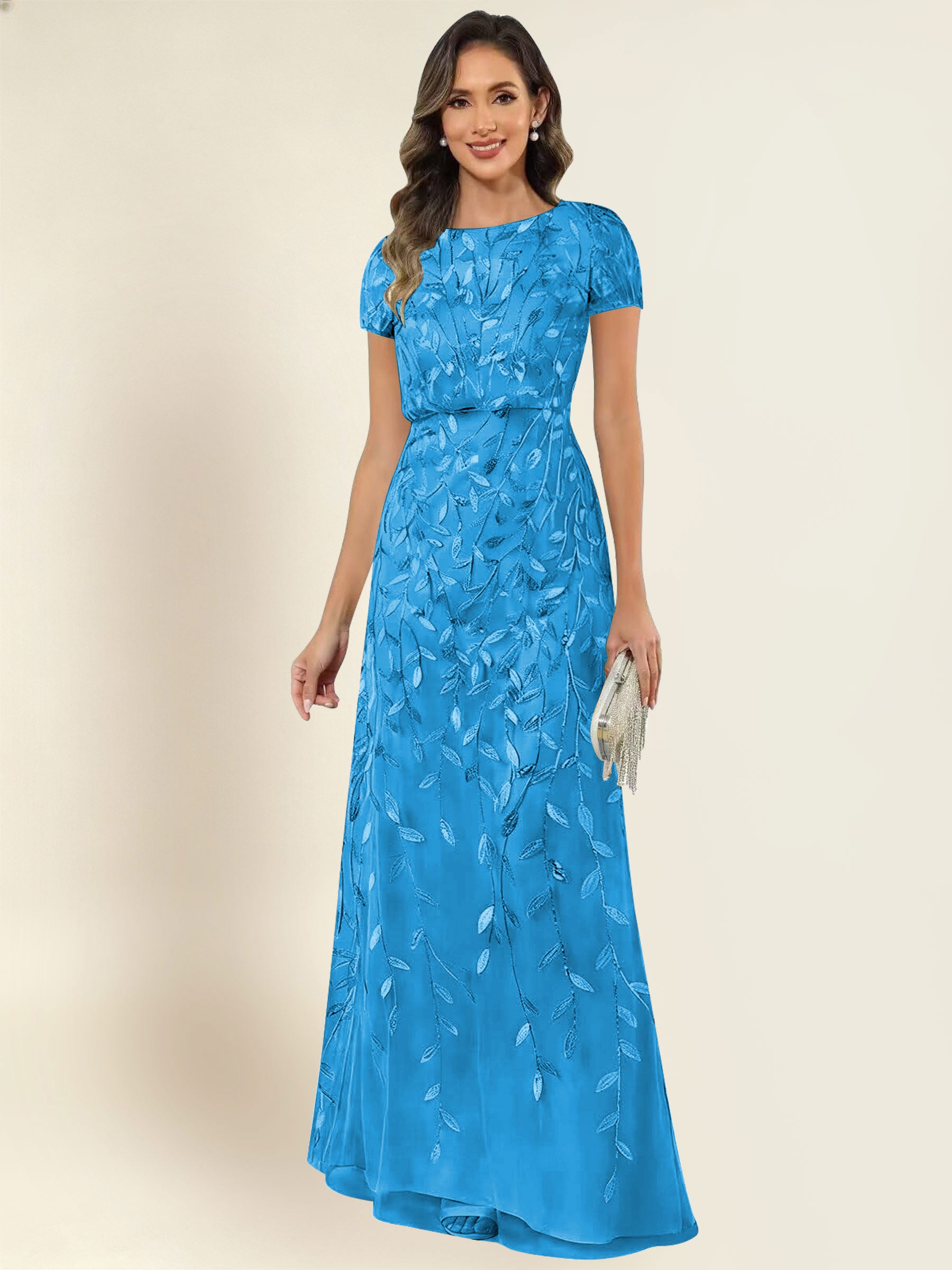 ROVDESY Sequin Mermaid Long Mother Of The Bride Dress With Short Sleeves Formal Gown
