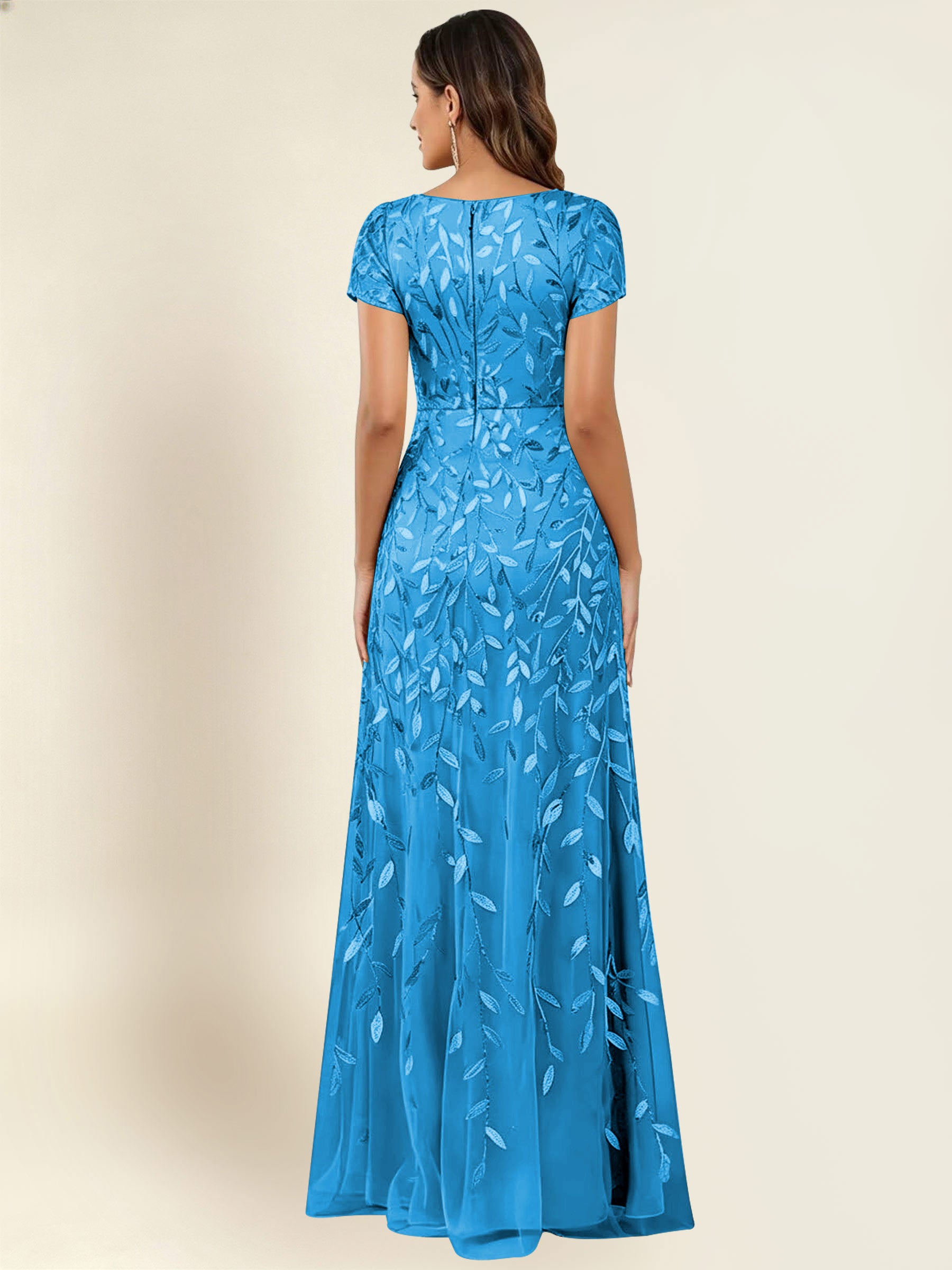 ROVDESY Sequin Mermaid Long Mother Of The Bride Dress With Short Sleeves Formal Gown