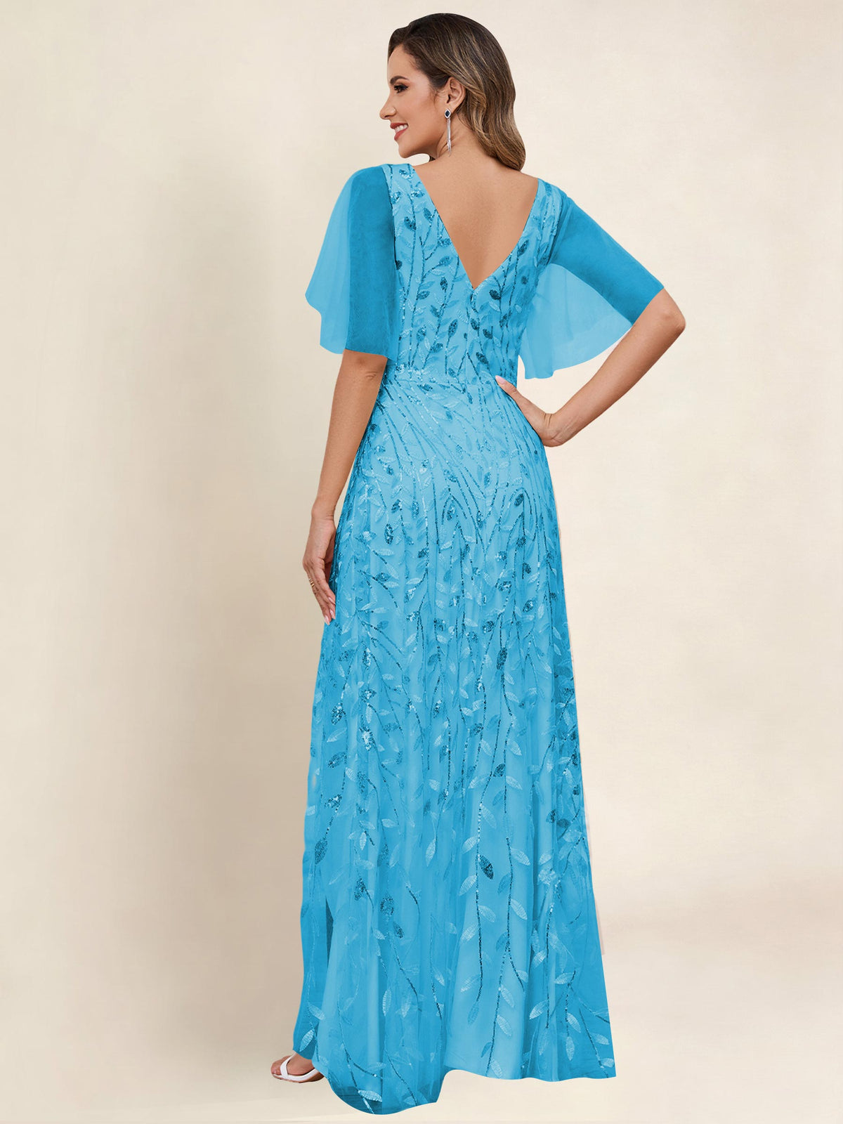 V Neck Sequin Tulle A Line Mother of the Bride Dress with Sleeves