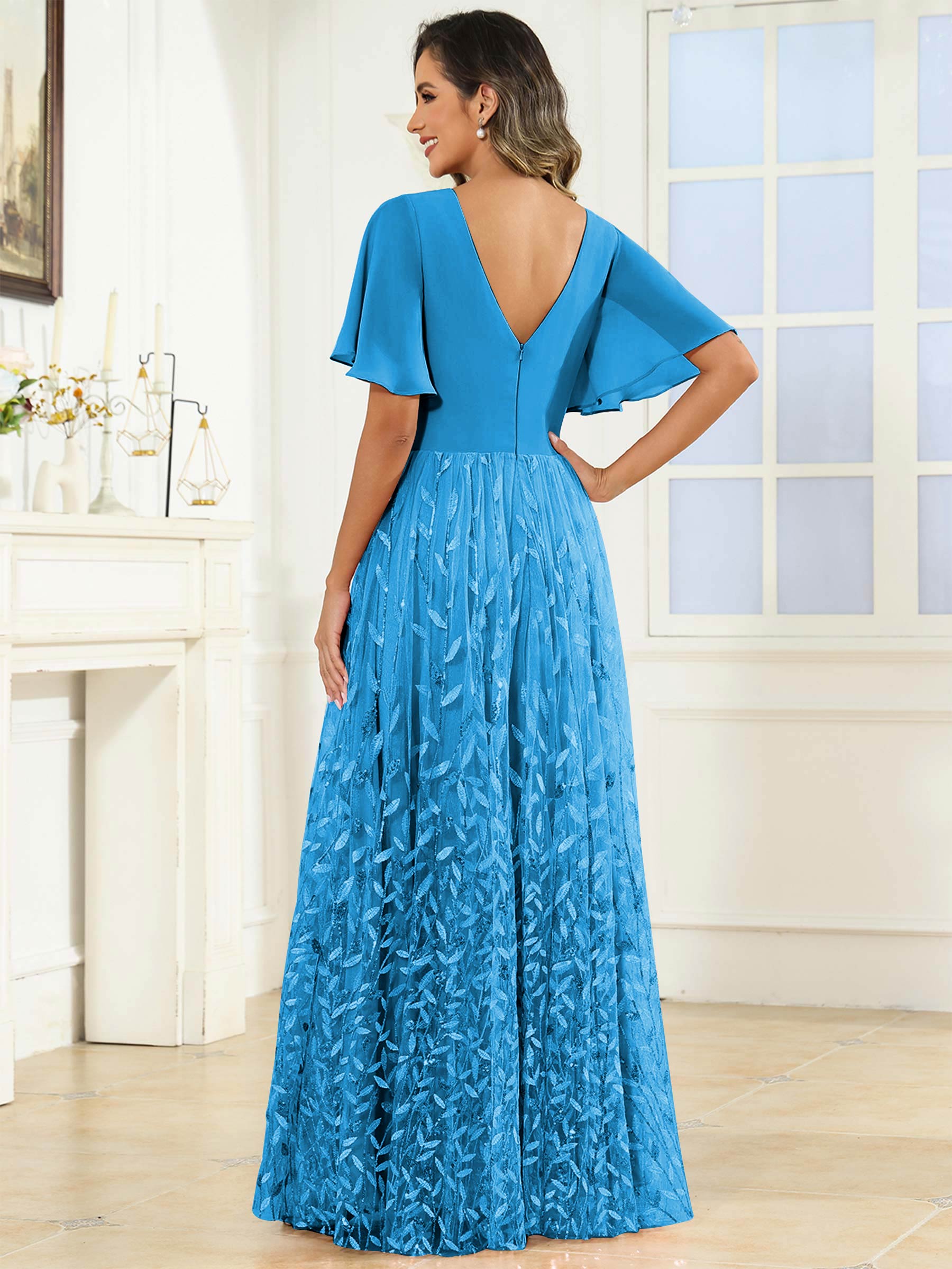 ROVDESY A-Line V-Neck Chiffon Sequin Mother Of The Bride Dress With Short Sleeves