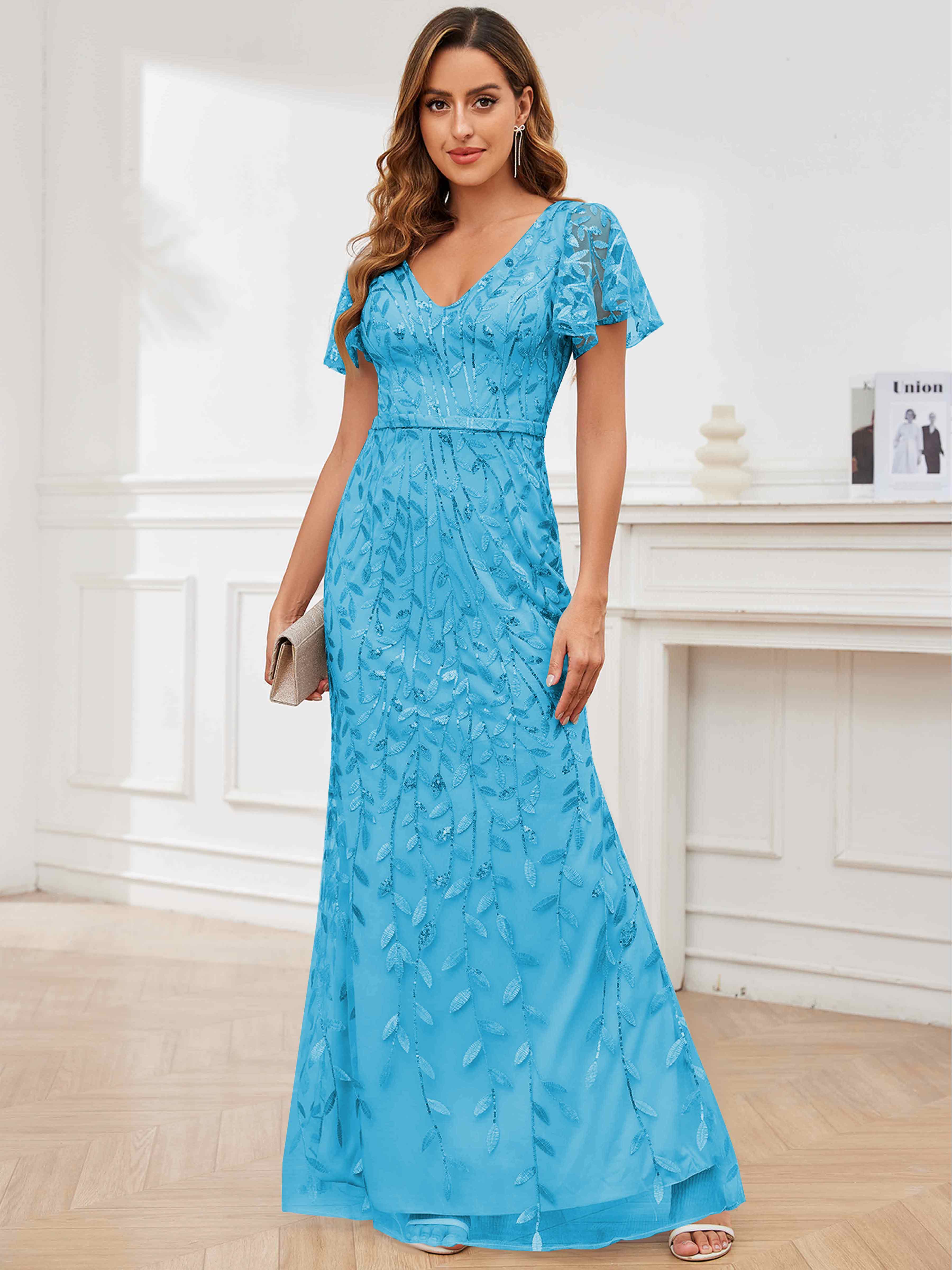 ROVDESY V-Neck Mermaid Sequin Mother Of The Bride Dress With Short Sleeves