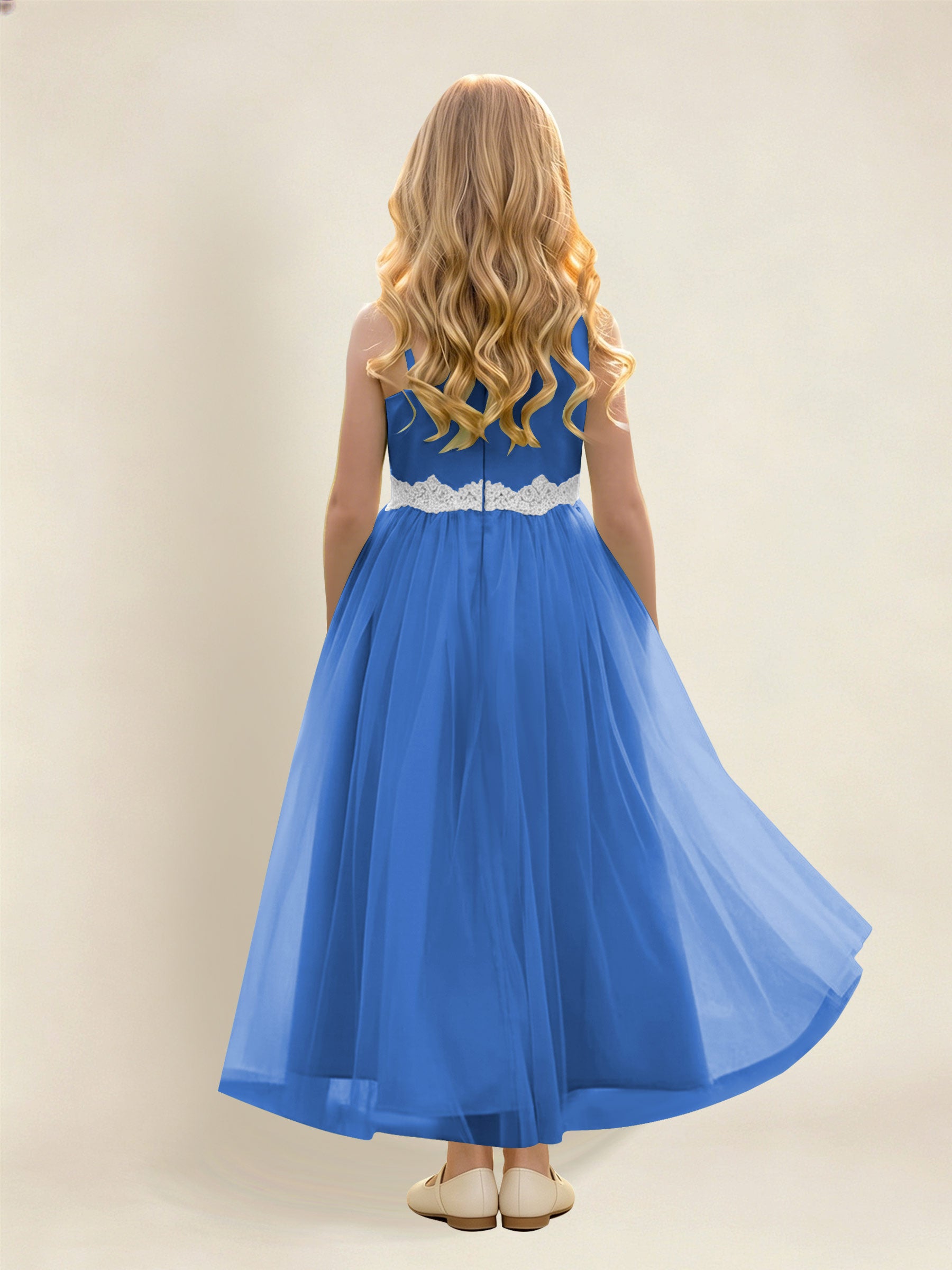 ROVDESY Asymmetric One Shoulder  Satin  Tulle Junior Bridesmaid Dress