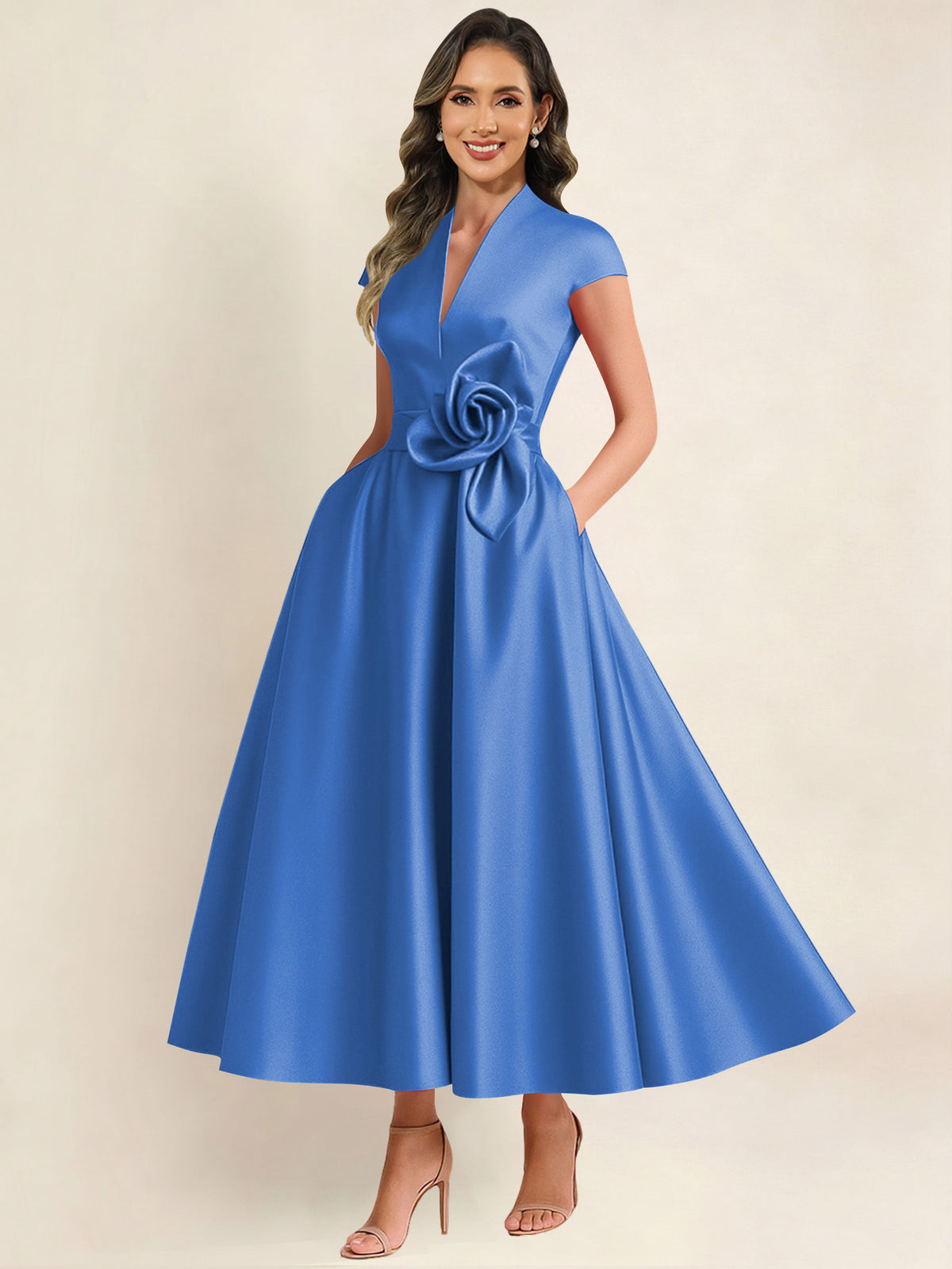 A Line V Neck 3D Flower Satin Mother of the Bride Dress