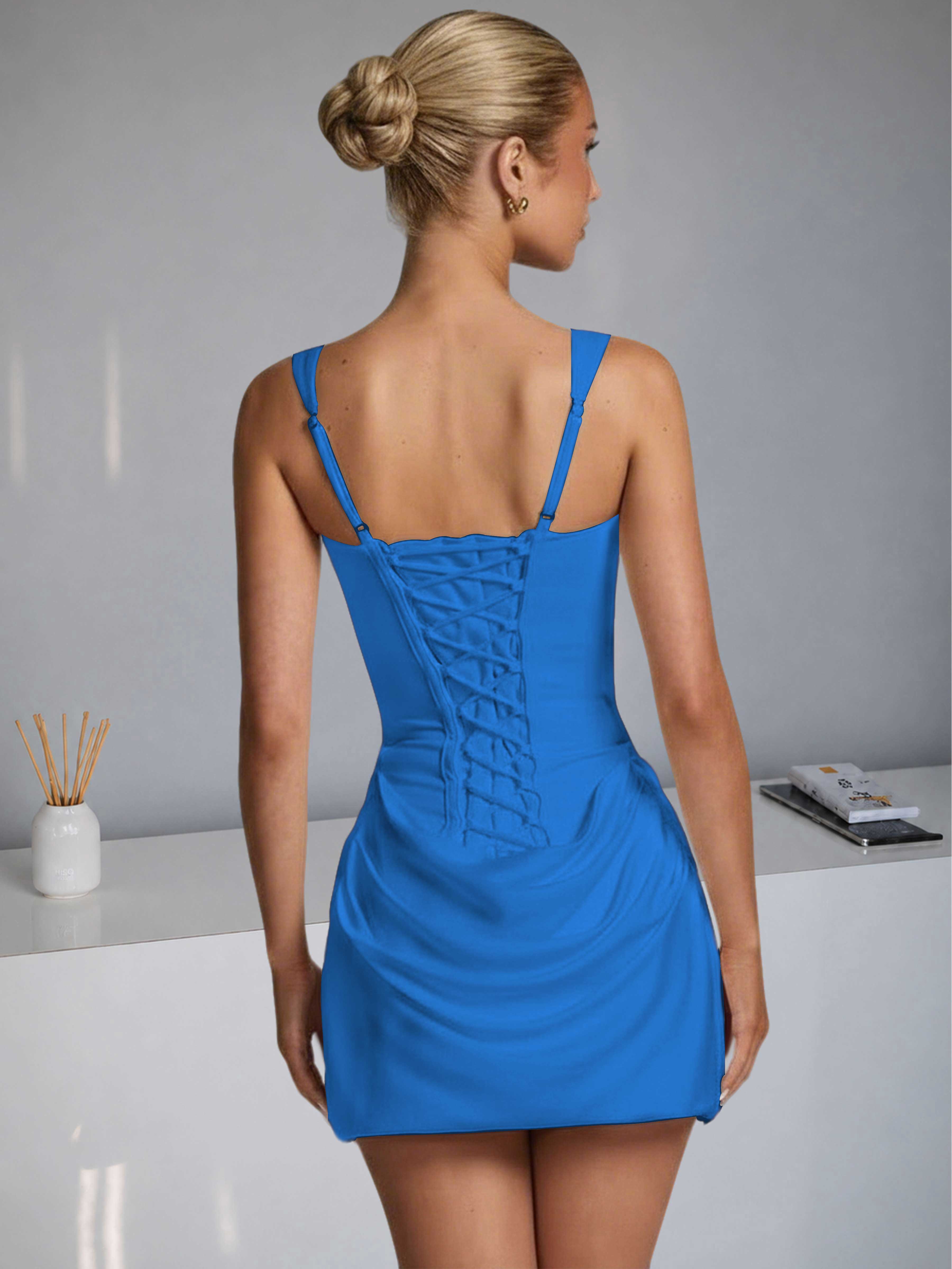 ROVDESY Square Neck Ruched Satin Homecoming Mini Dress