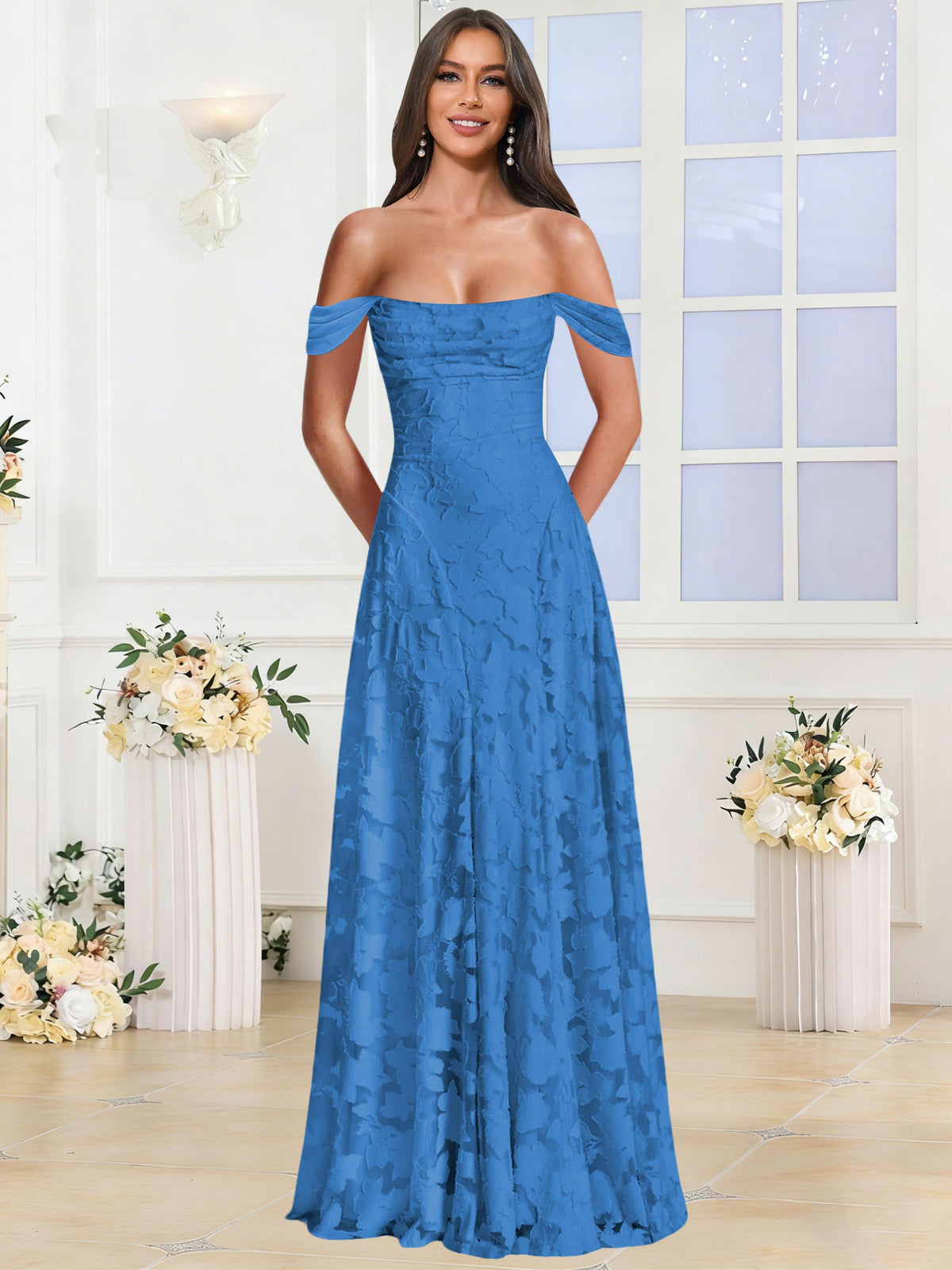 Off the Shoulder Floral Ruched A-line Bridesmaid Dress