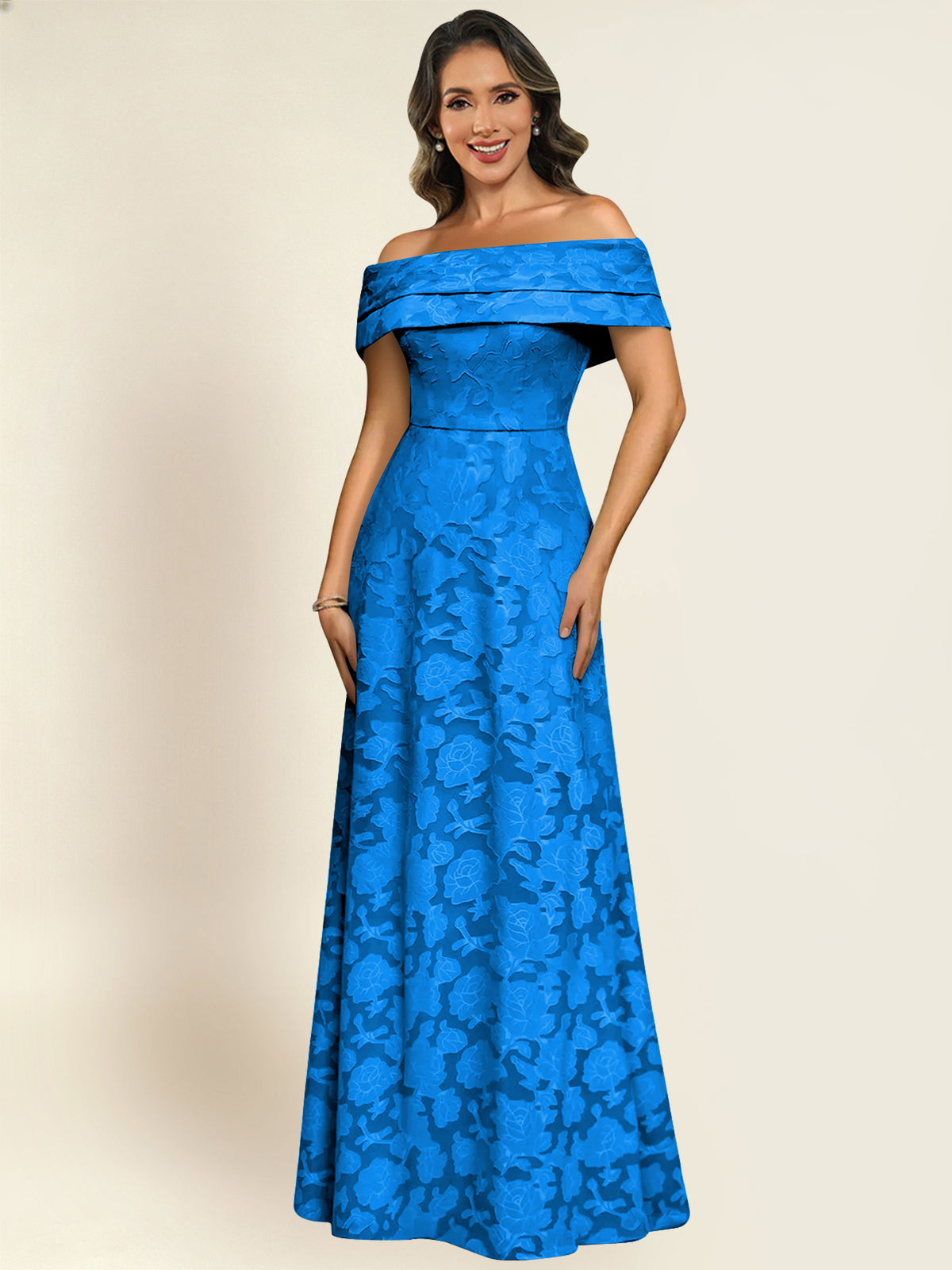 ROVDESY Off the Shoulder Floral Jacquard A-Line Long Mother of the Bride Dress