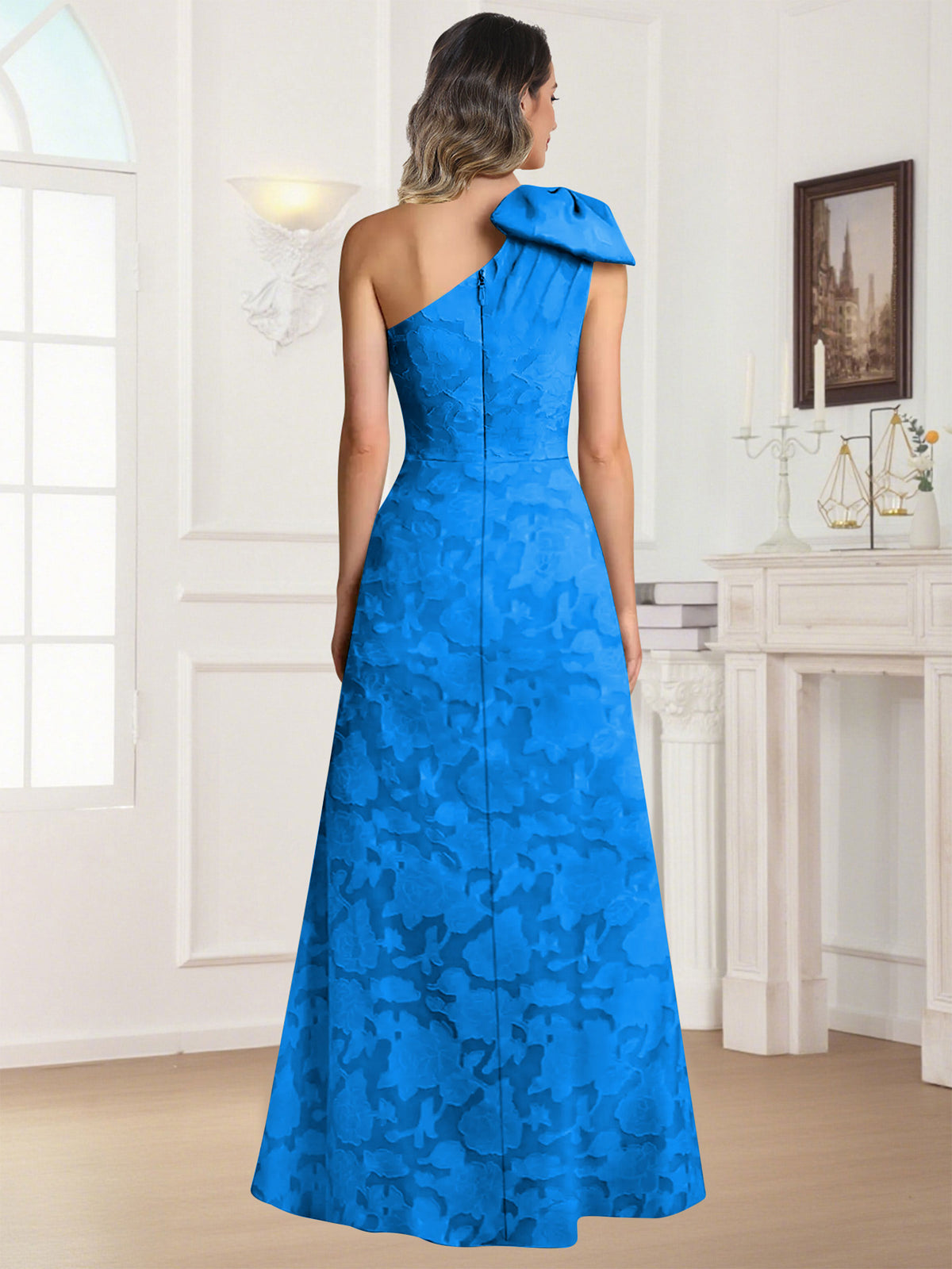 One Shoulder Floral Jacquard Mother of the Bride Dress