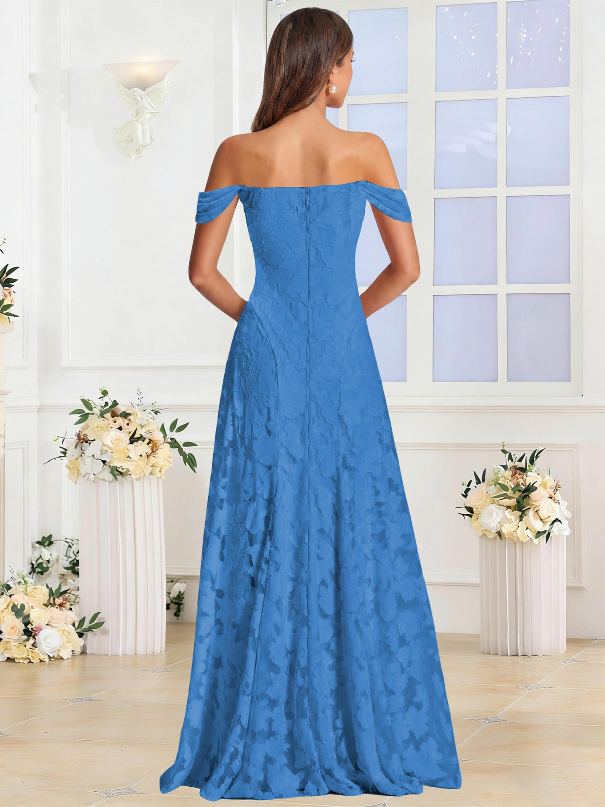 Off the Shoulder Floral Ruched A-line Bridesmaid Dress