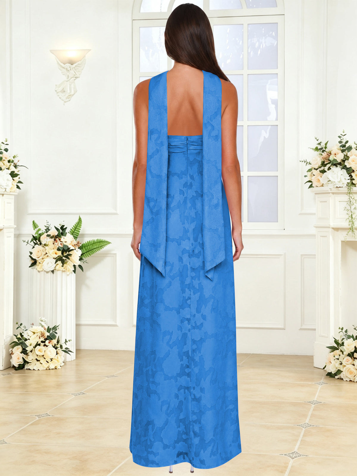 Spaghetti Strap Ruched Floral Jacquard A Line Bridesmaid Dress with Scarf