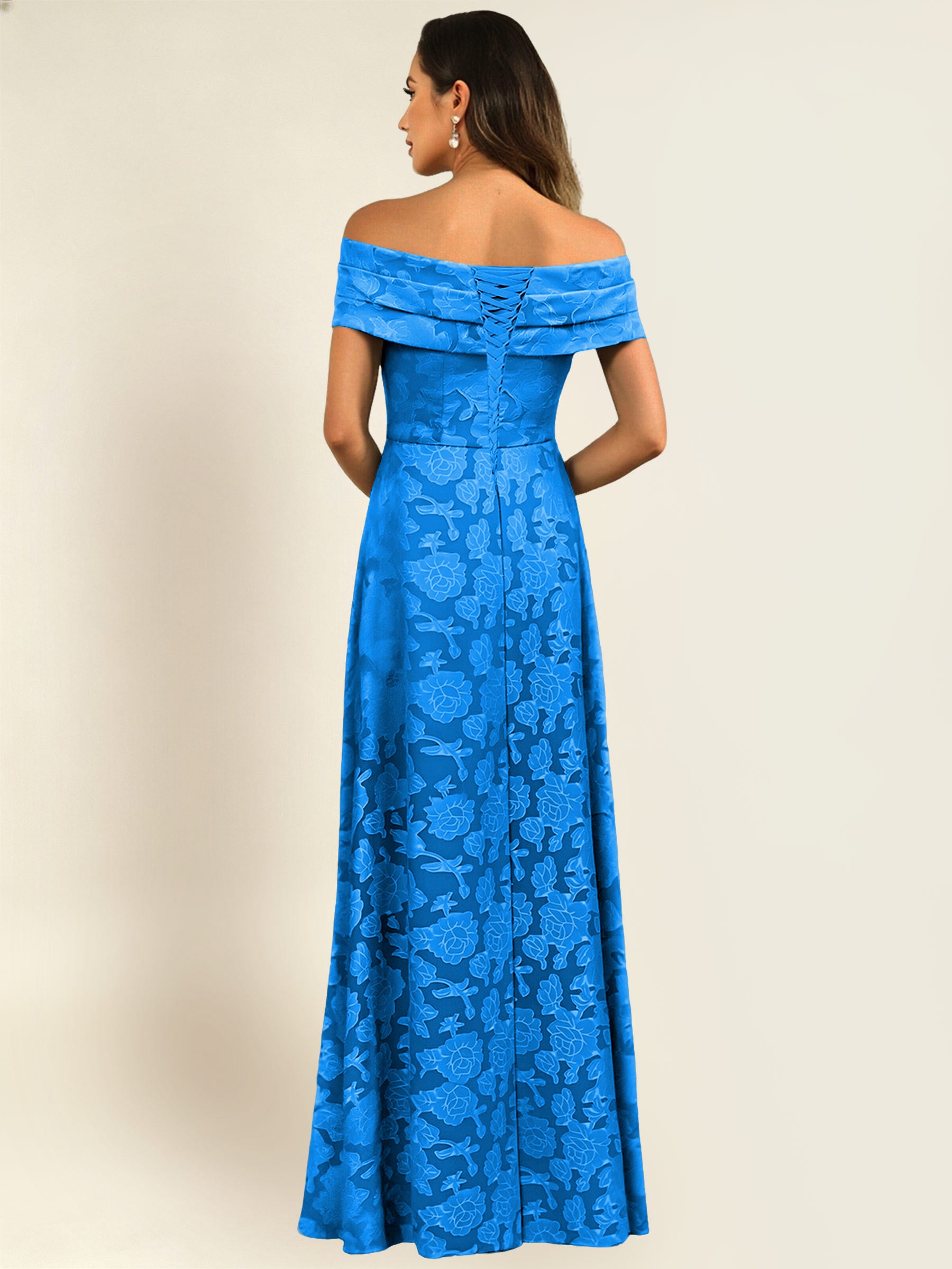 ROVDESY Off the Shoulder Floral Jacquard A-Line Long Mother of the Bride Dress