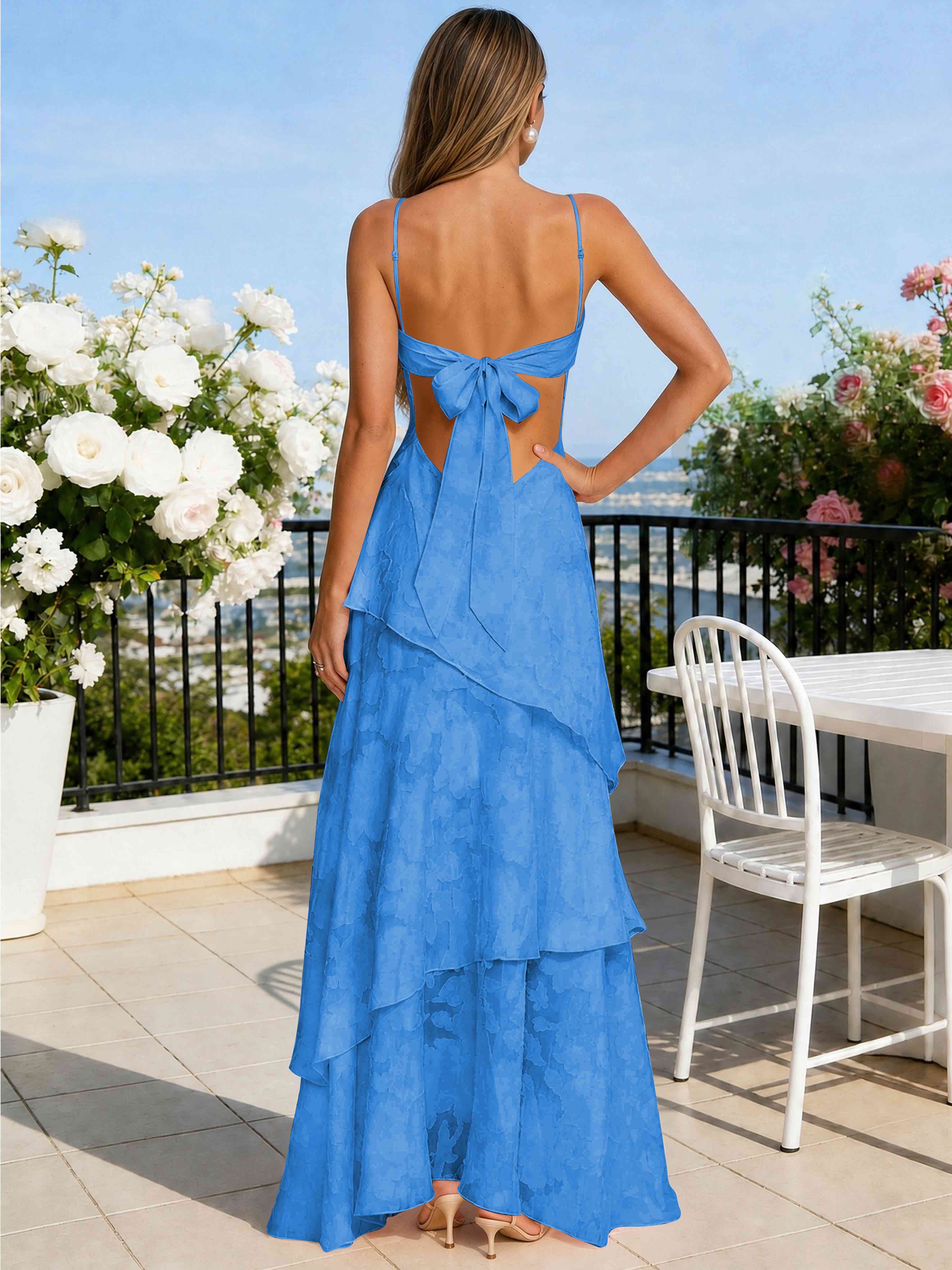 ROVDESY Spaghetti Strap V-Neck Chiffon Jacquard Tiered Ruffle Long Bridesmaid/Prom Dress