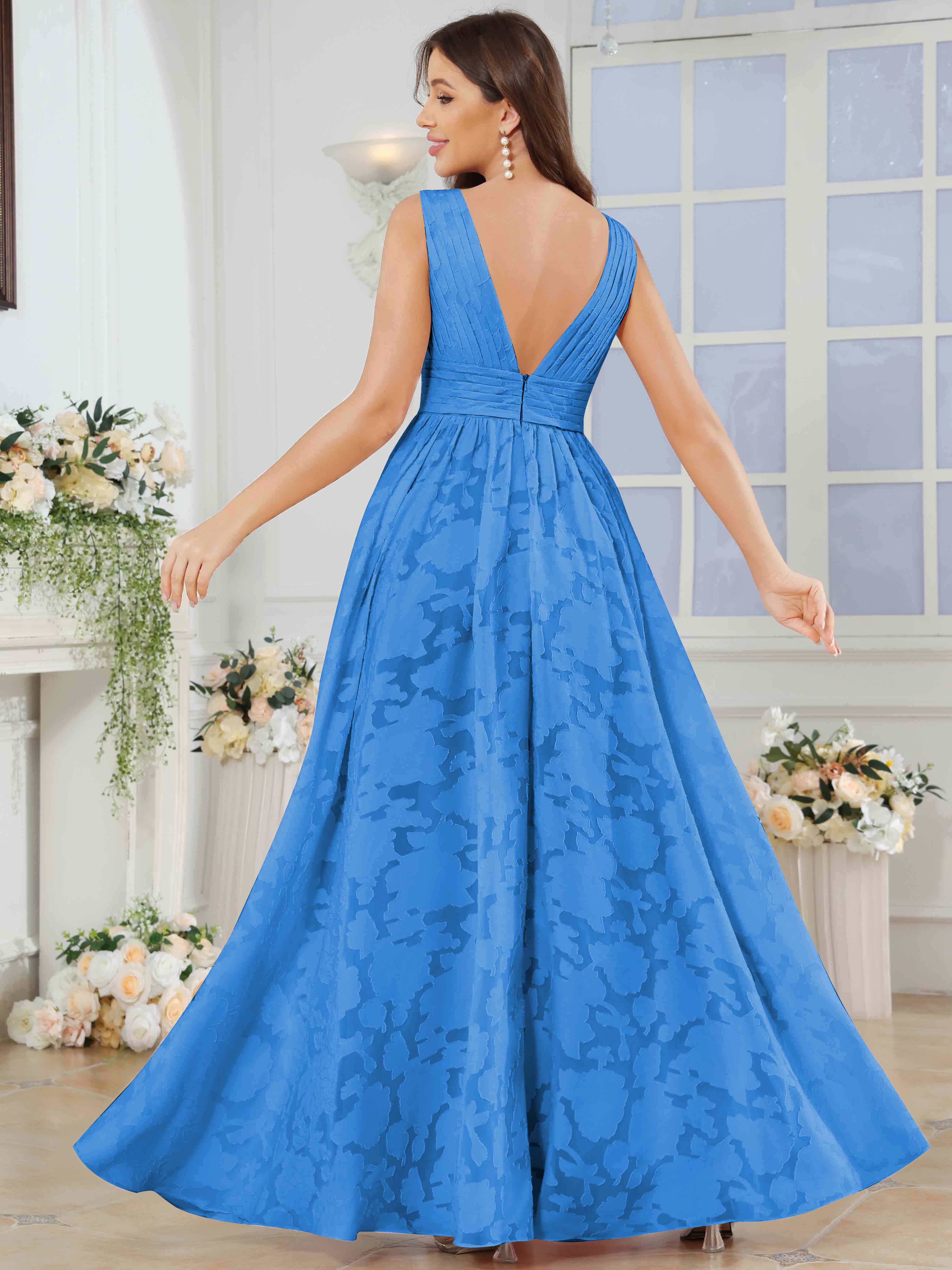 ROVDESY A-Line V-Neck Pleated Chiffon Jacquard Bridesmaid/Peom Dress With Slit