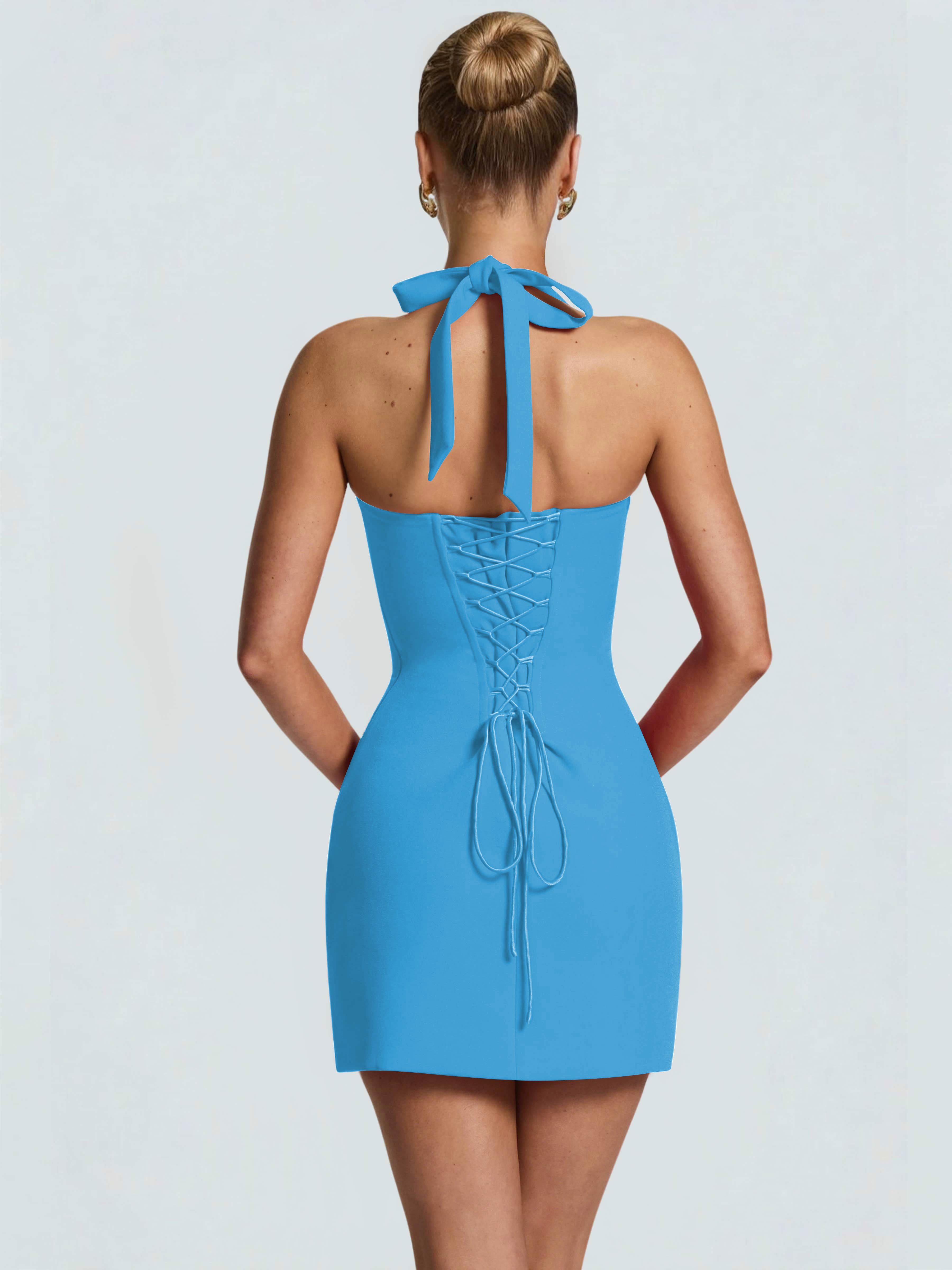 ROVDESY Halter Lace Satin Tight Homecoming Mini Dress