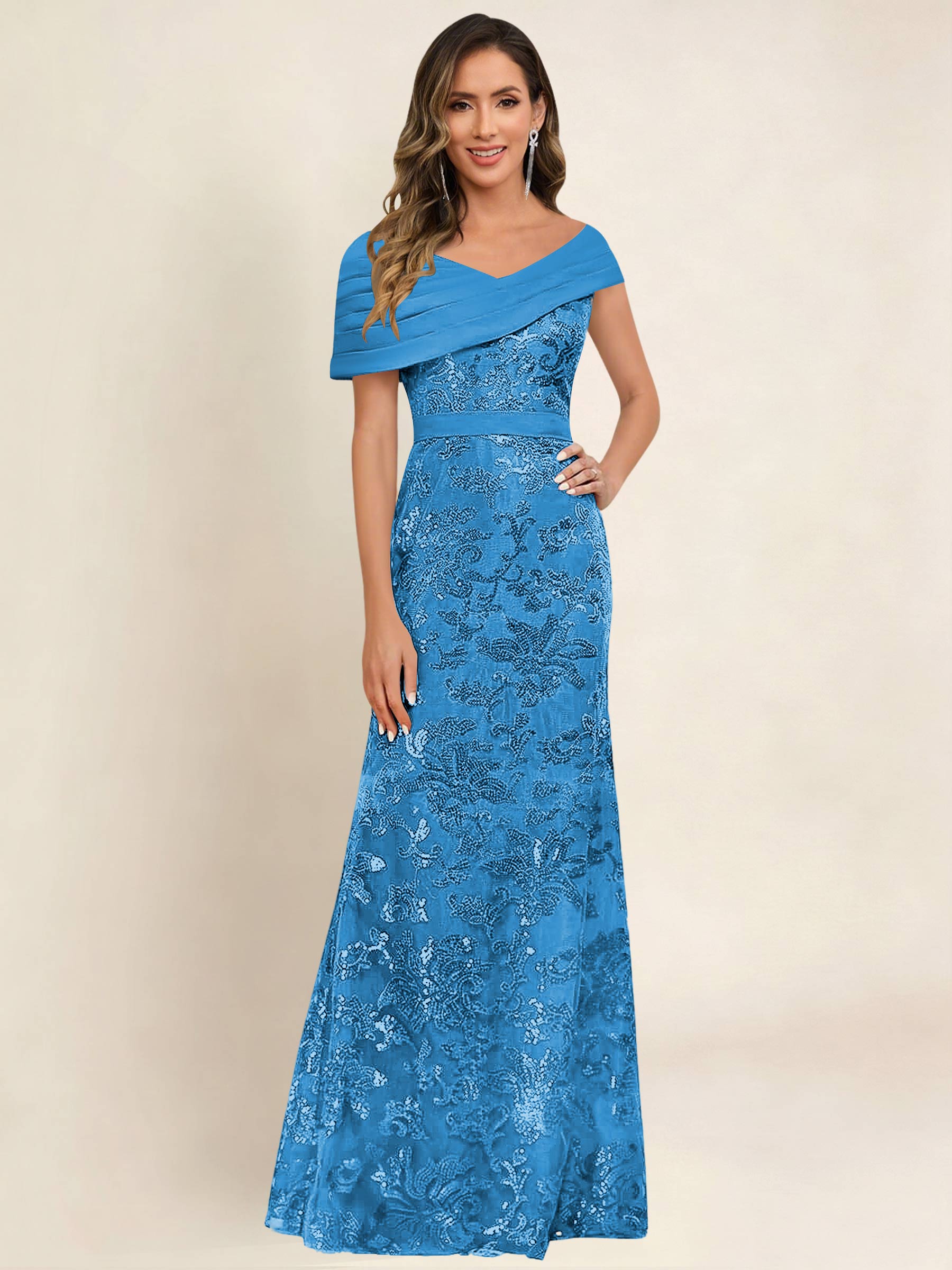 ROVDESY Off the Shoulder Sequin Mermaid Long Mother Of The Bride Dress Formal Gown