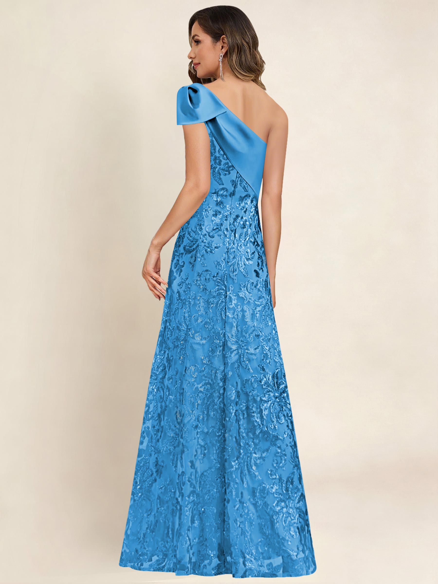 ROVDESY One Shoulder Sequin Mermaid Long Mother Of The Bride Dress Formal Gown With Bow