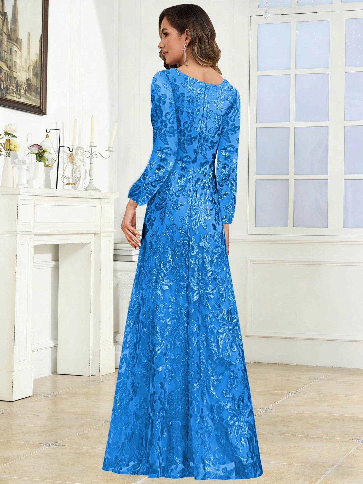 Crew Neck Sequin Lace Long Sleeve Mother of the Bride Dress