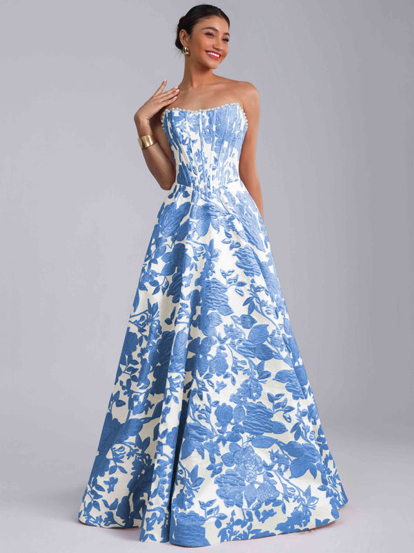 A-Line Strapless Jacquard Satin Prom Dress Long Ball Gown