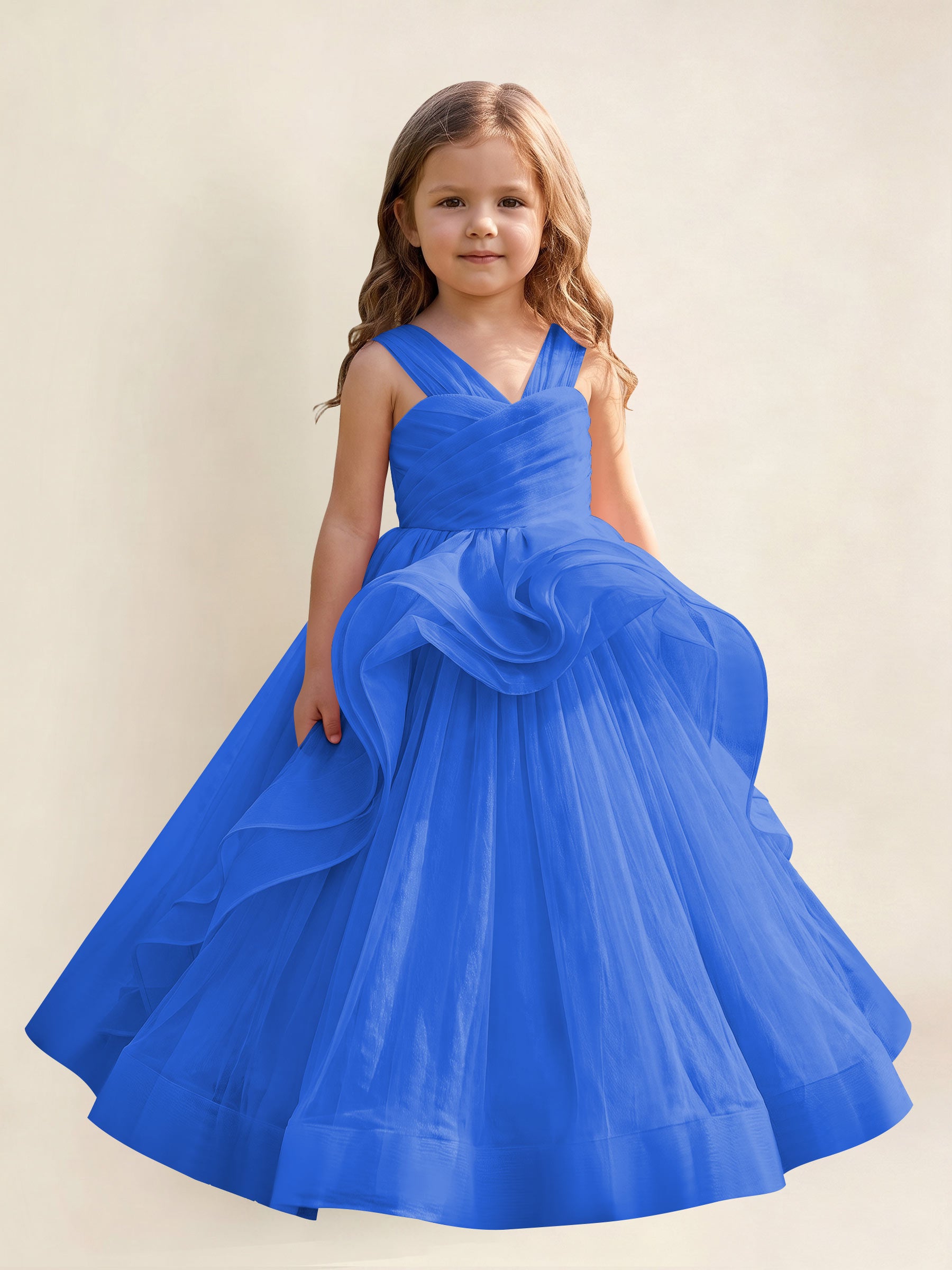 ROVDESY A-Line V-Neck Tulle Flower Girl Dress With Sleeveless Long Ball Gown Dress