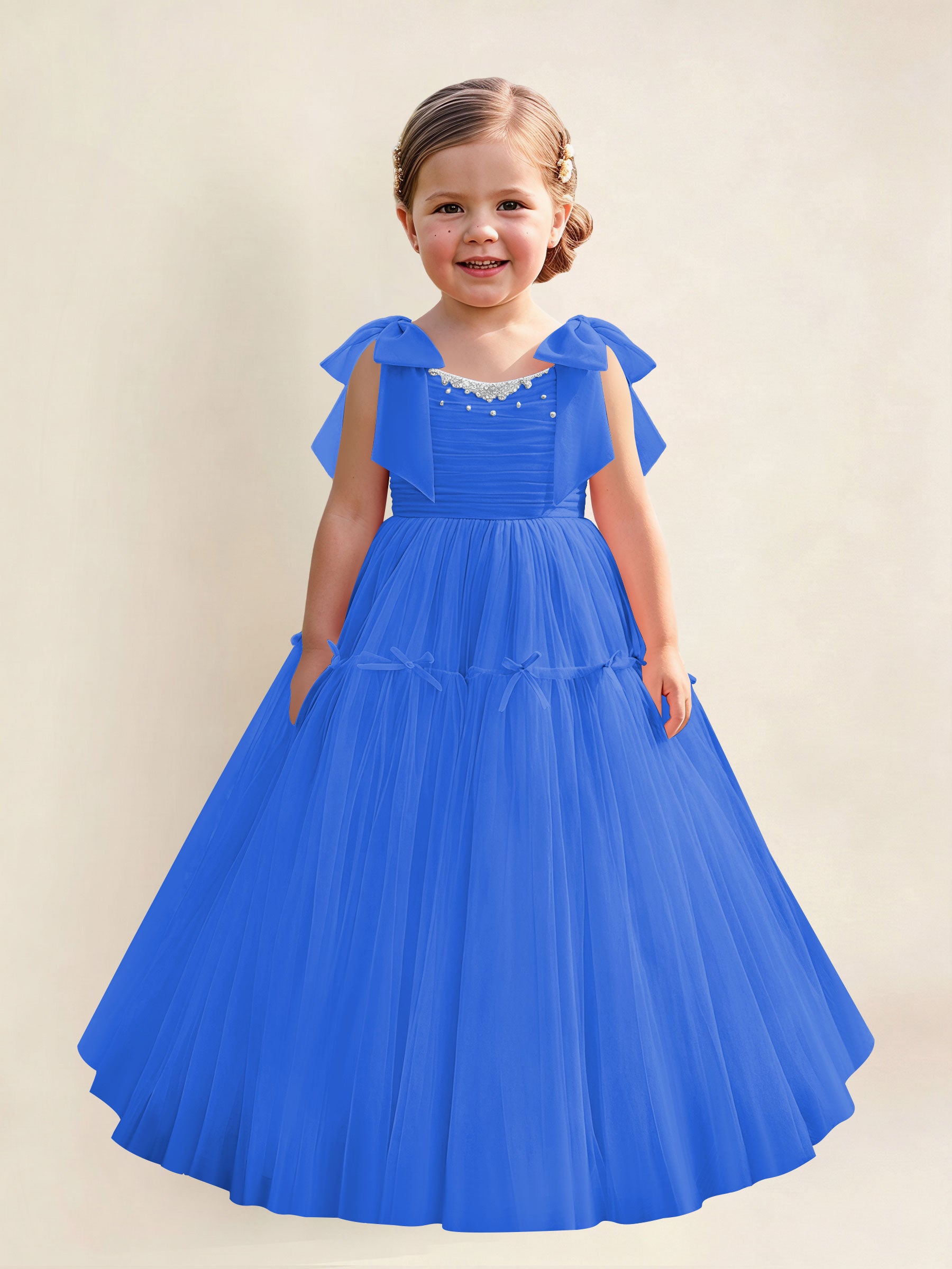 ROVDESY A-Line Tulle Flower Girl Dress With Bow Long Ball Gown Dress
