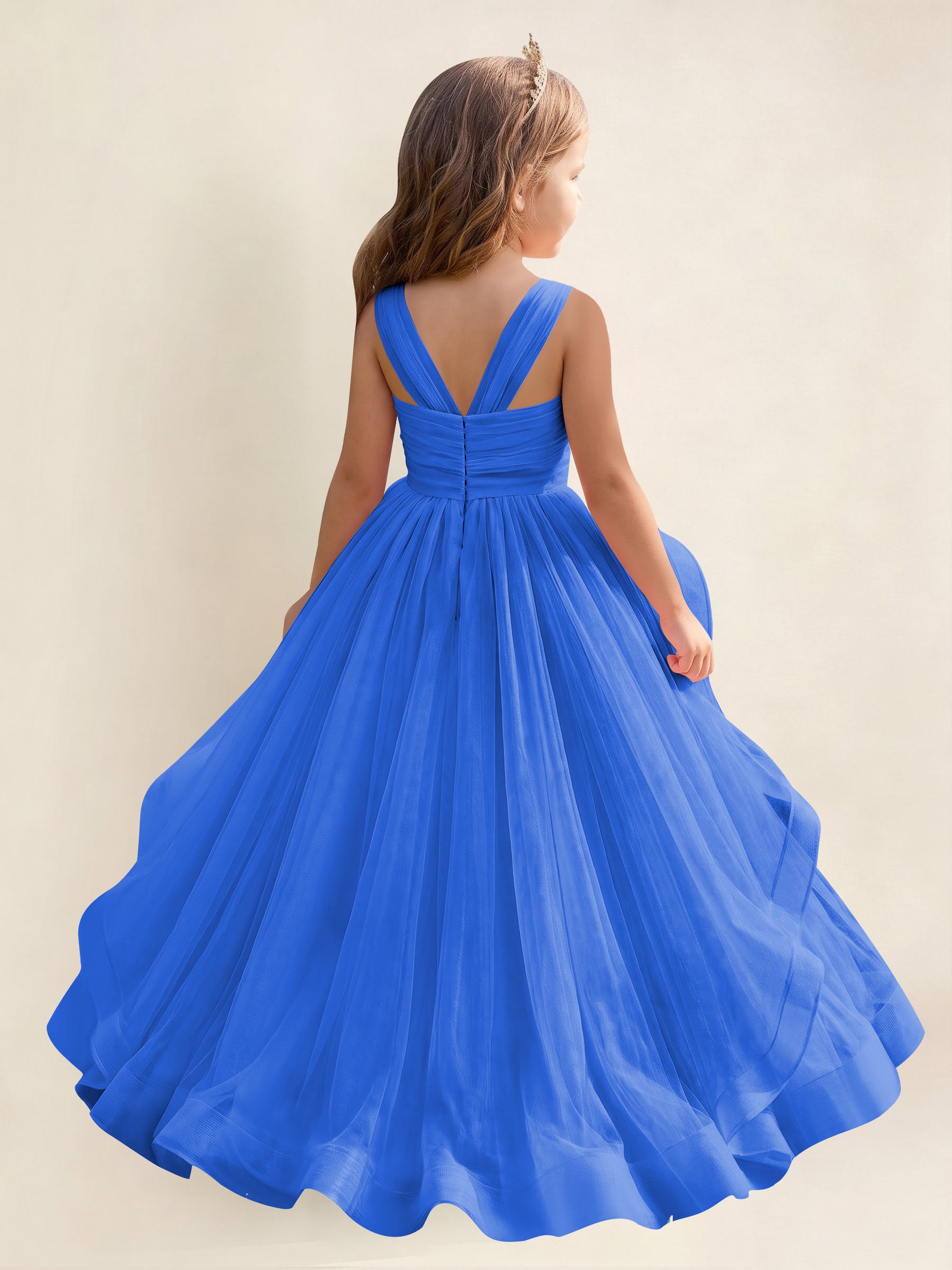 ROVDESY A-Line V-Neck Tulle Flower Girl Dress With Sleeveless Long Ball Gown Dress