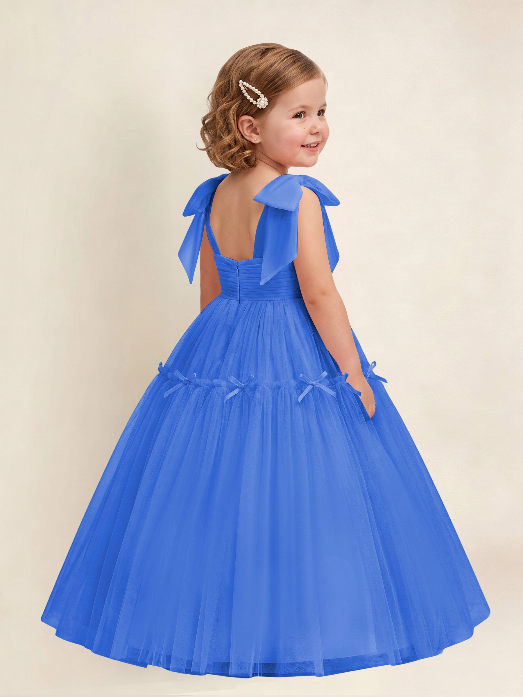 ROVDESY A-Line Tulle Flower Girl Dress With Bow Long Ball Gown Dress