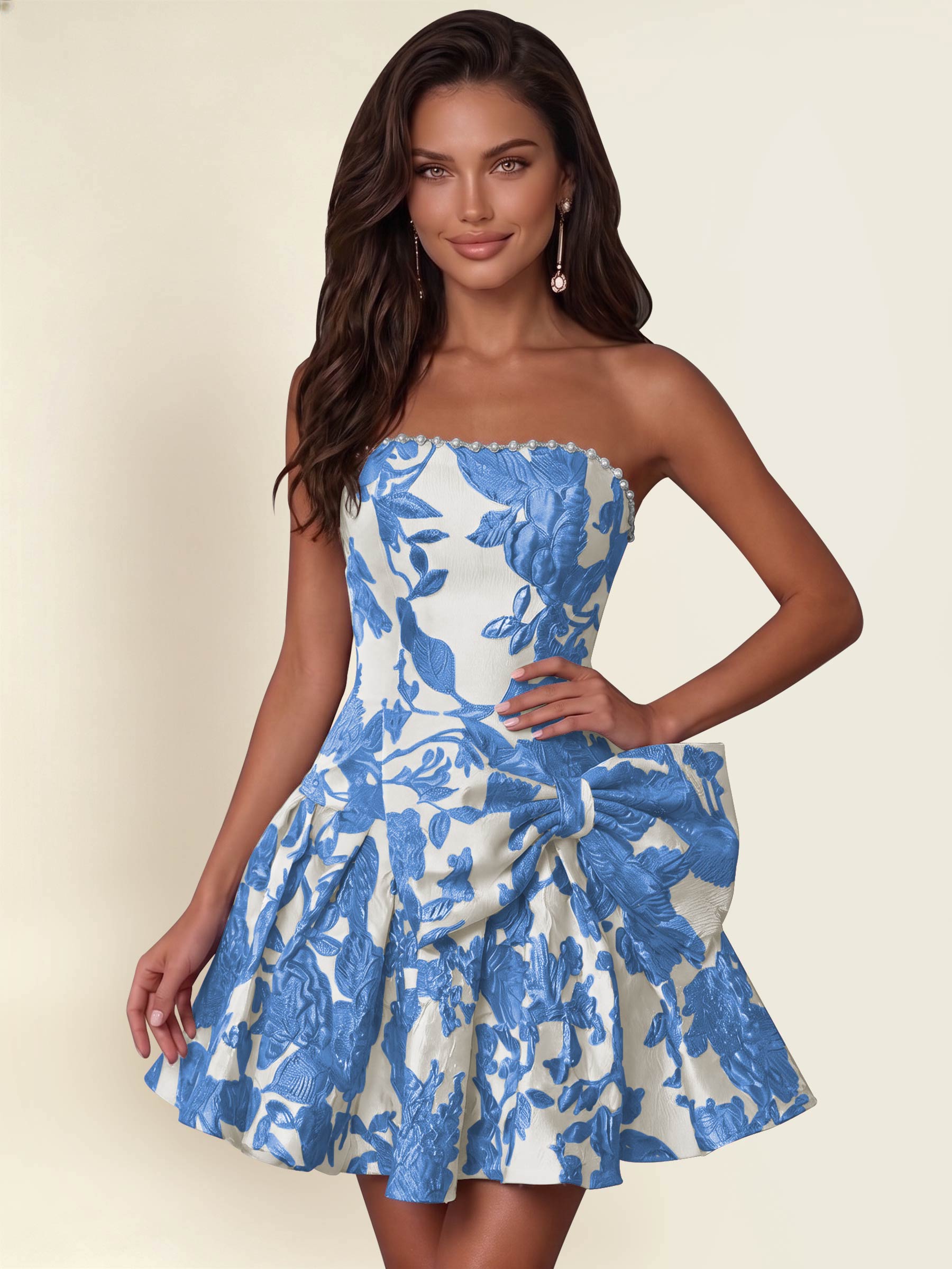 ROVDESY A-Line Strapless Jacquard Satin Homecoming Mini Dress With Big Bow