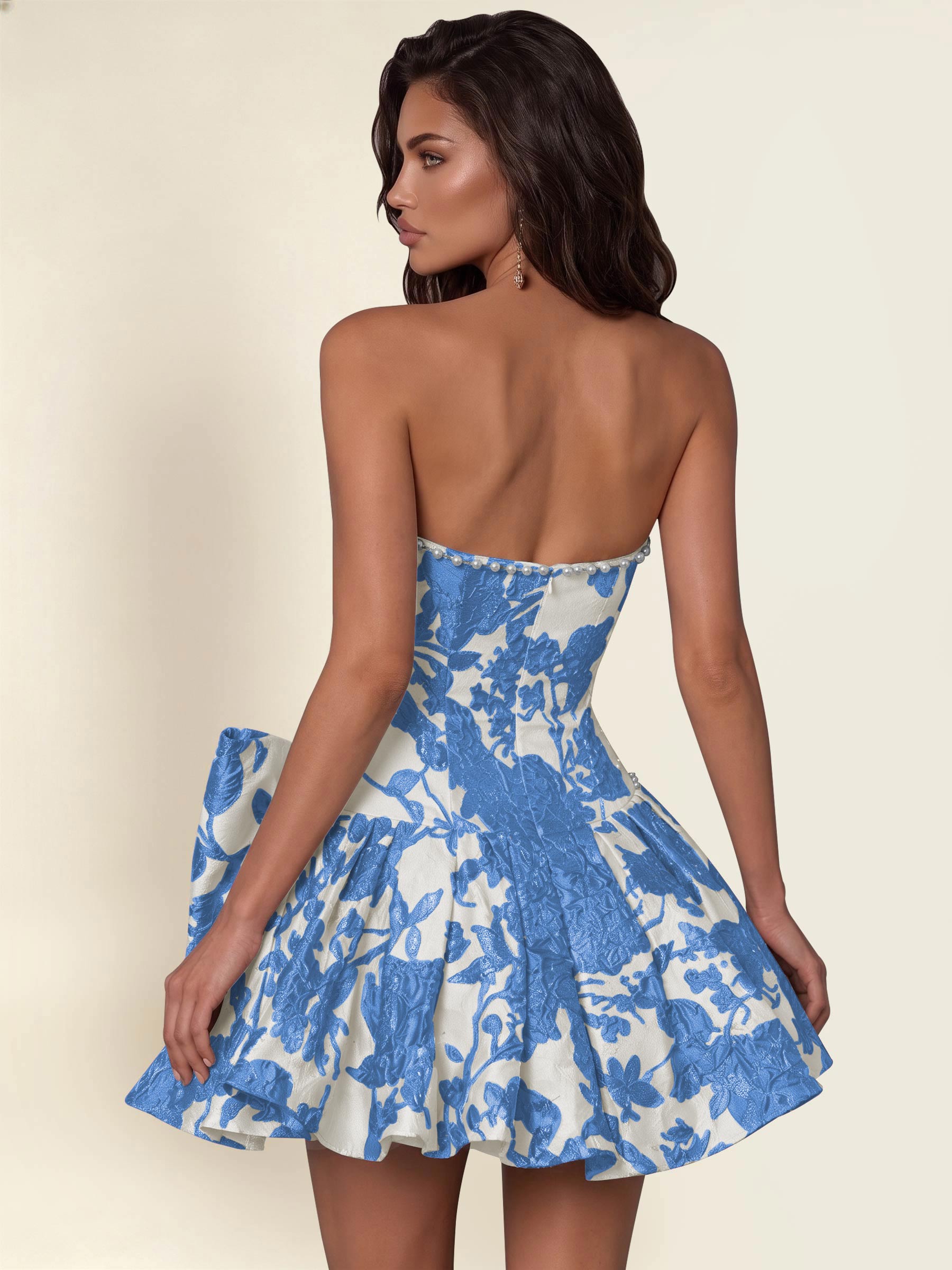 ROVDESY A-Line Strapless Jacquard Satin Homecoming Mini Dress With Big Bow