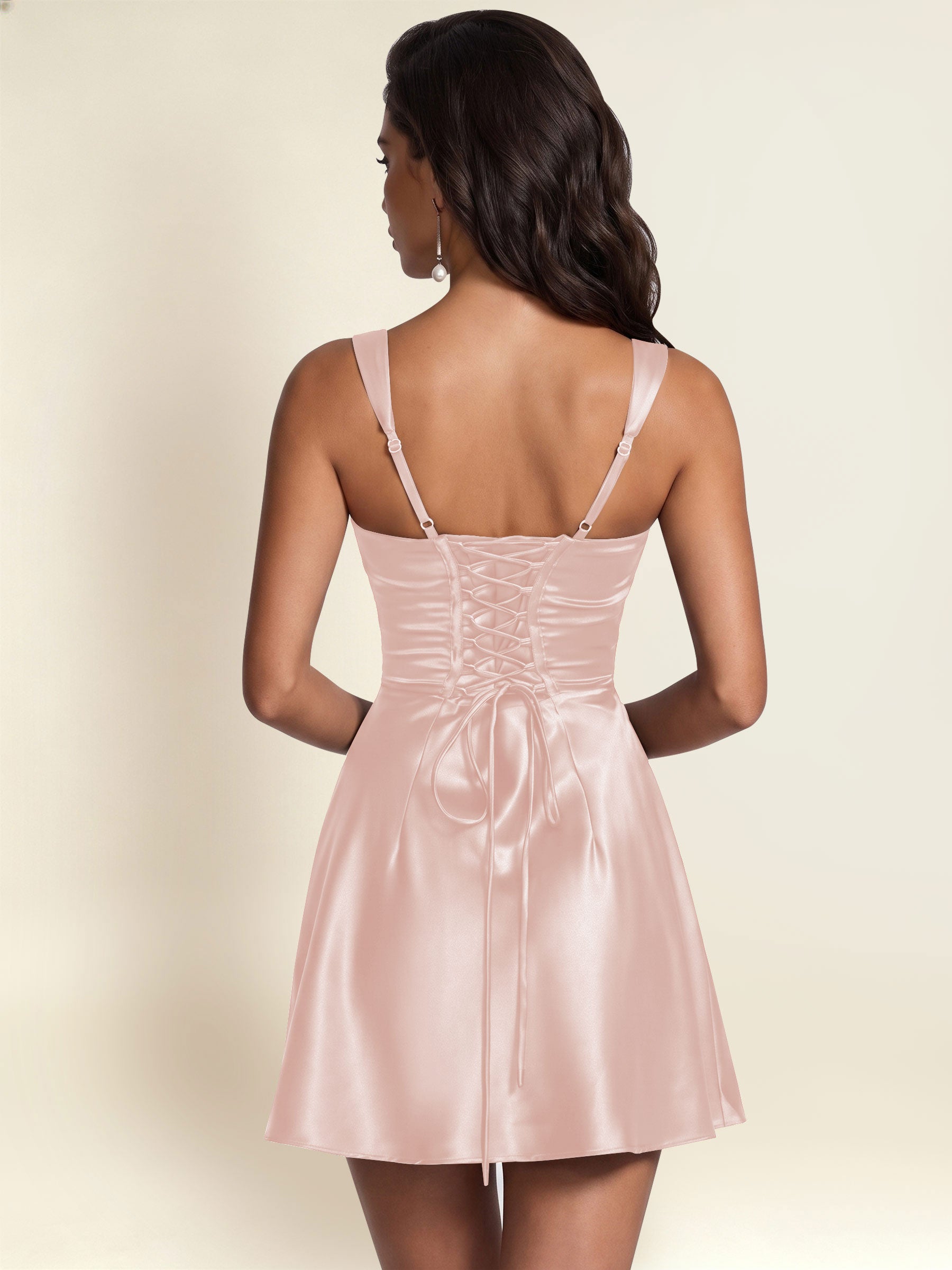 ROVDESY Square Neck Pleated Satin Homecoming Mini Dress