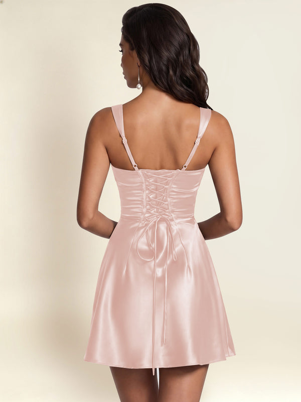 Square Neck Pleated Satin Homecoming Mini Dress
