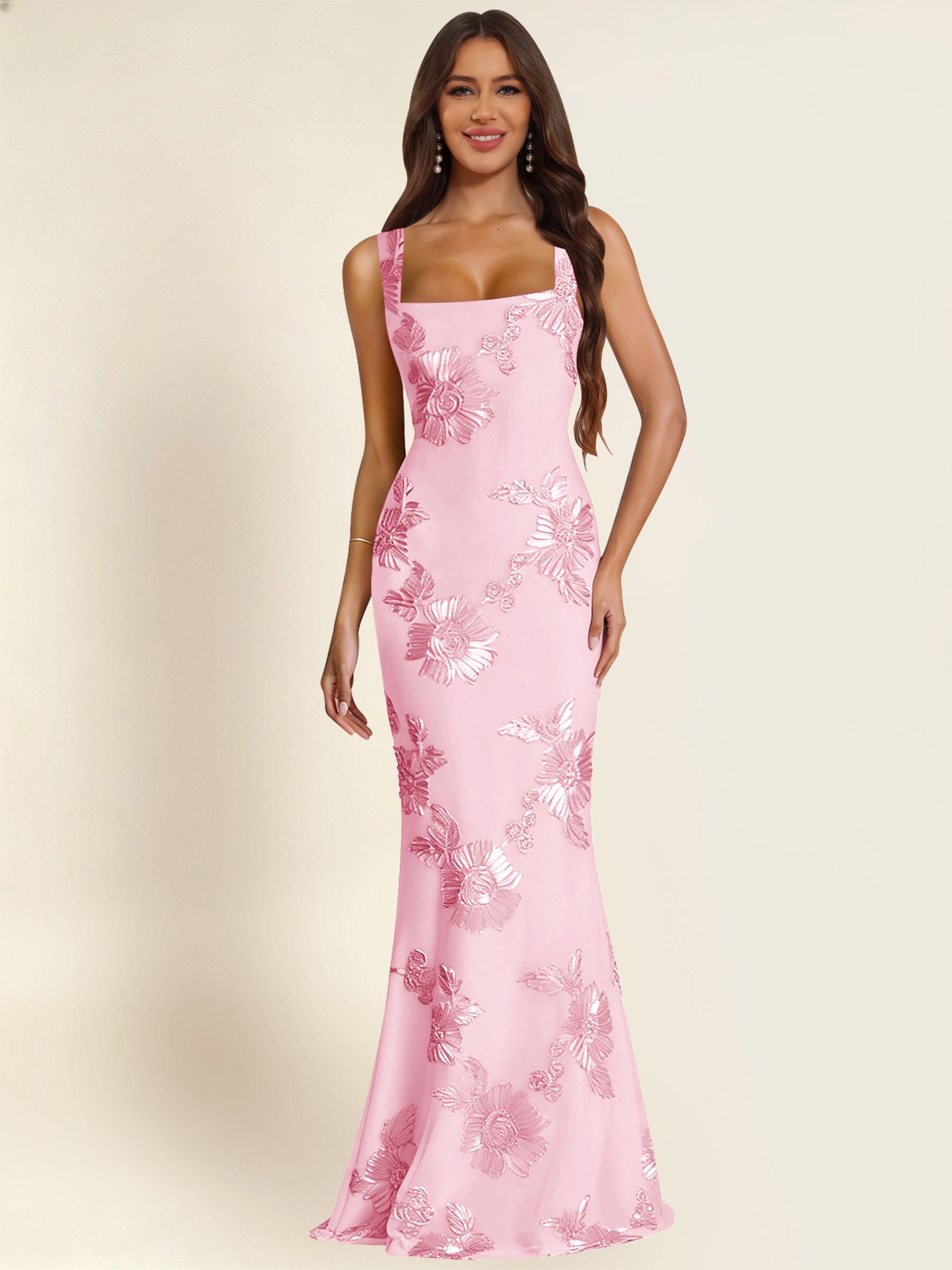 ROVDESY Square Neck Floral Applique Mermaid Long Prom/Bridesmaid Dress